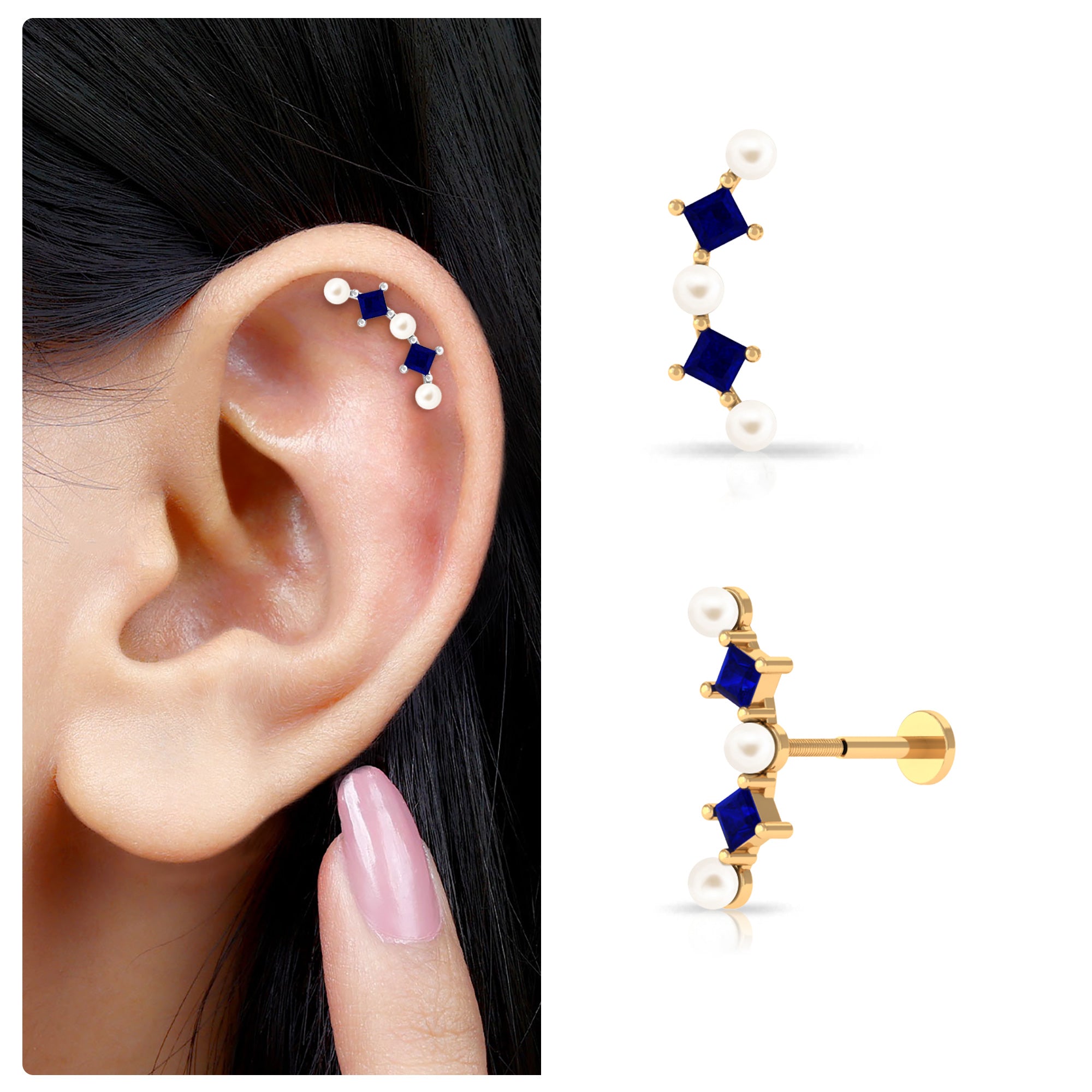 Freshwater Pearl Crawler Earring for Helix Piercing with Sapphire Freshwater Pearl - ( AAA ) - Quality - Arisha Jewels
