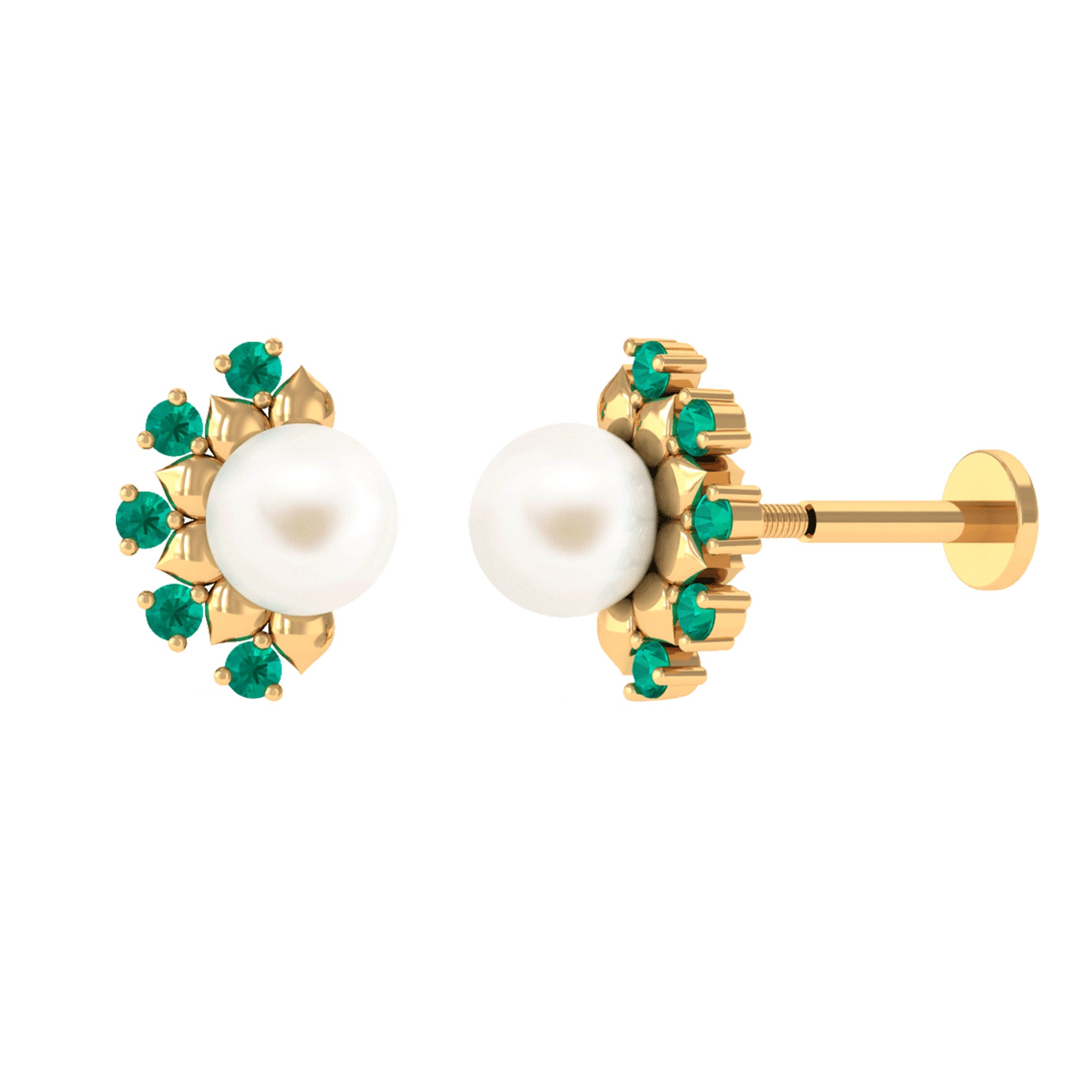 Real Freshwater White Pearl Floral Helix Earrings with Emerald Freshwater Pearl - ( AAA ) - Quality - Arisha Jewels