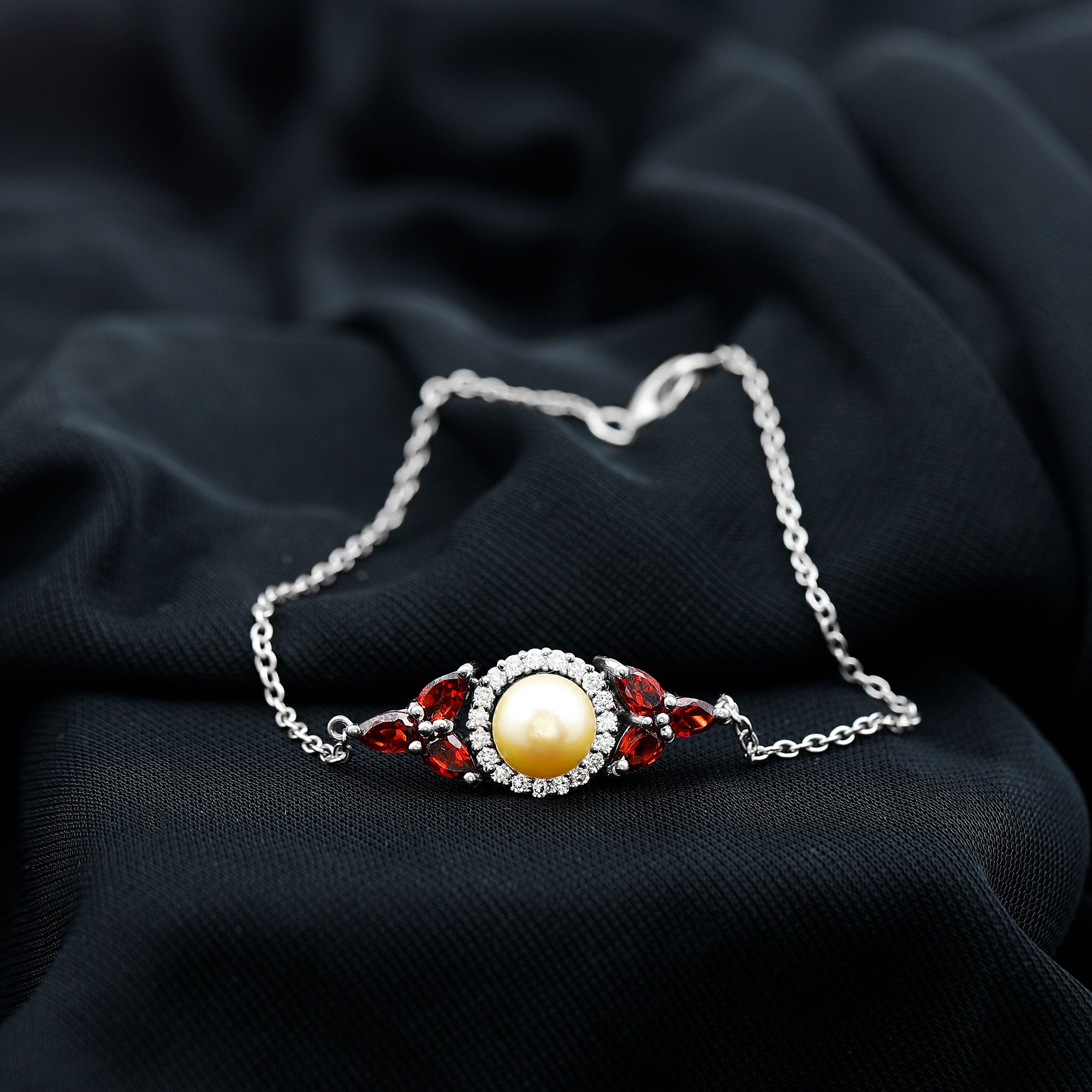 South Sea Pearl Silver Chain Bracelet with Garnet - Arisha Jewels