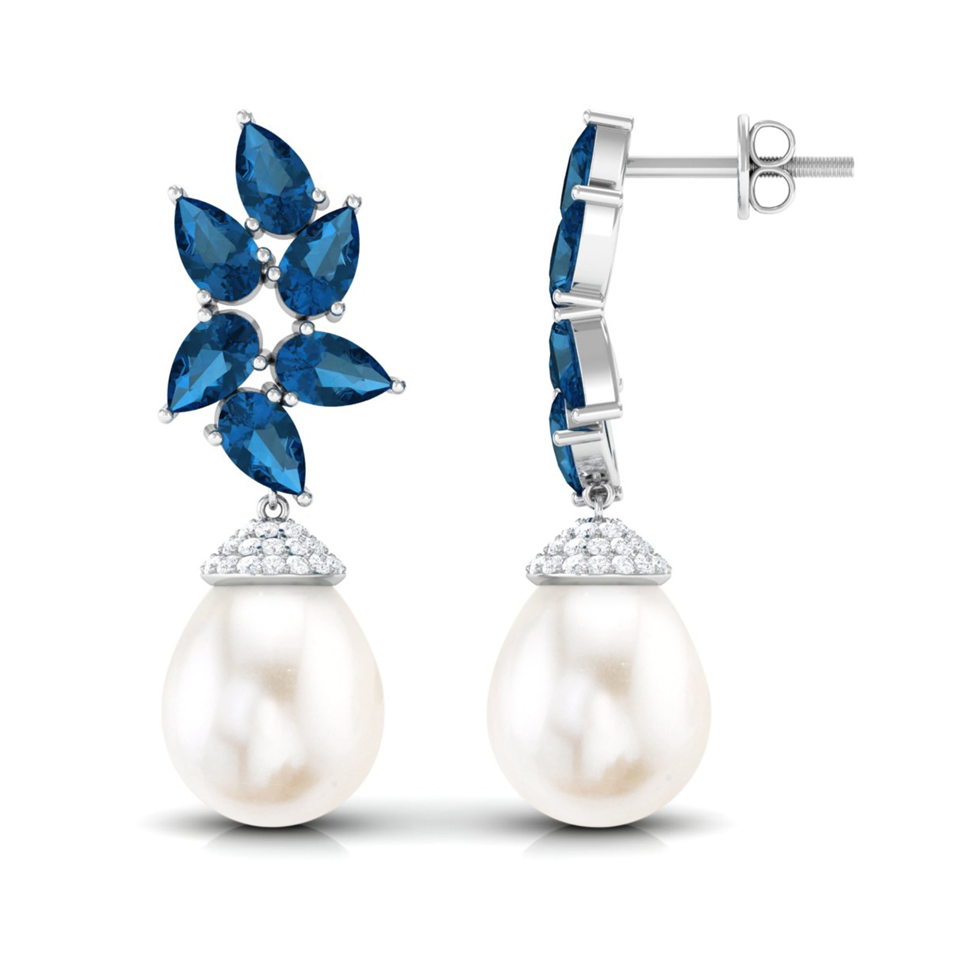 Arisha Jewels-Nature Inspired Freshwater Pearl Drop Earrings with London Blue Topaz