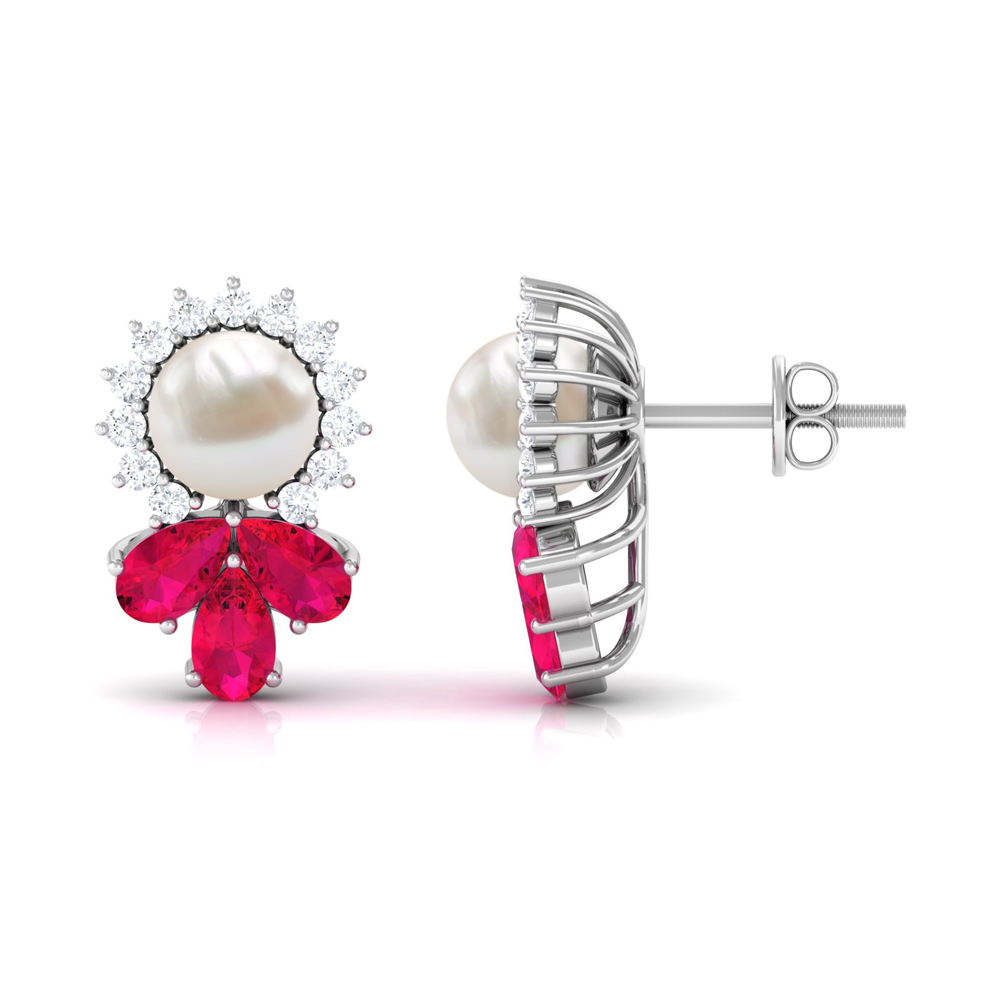 Arisha Jewels-Freshwater White Pearl Cocktail Stud Earrings with Ruby