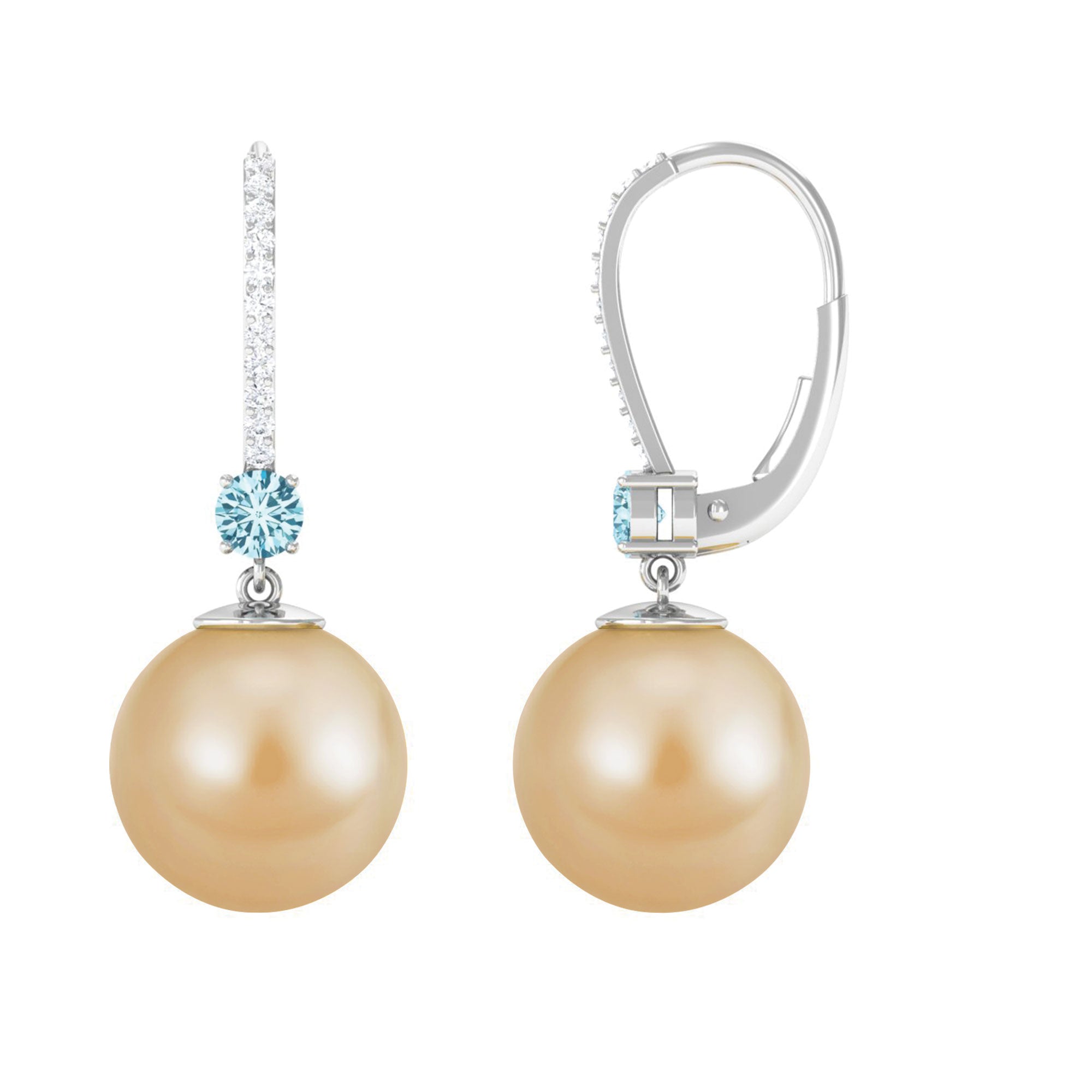 South Sea Pearl Drop Earrings with Aquamarine and Diamond South Sea Pearl-AAAA Quality - Arisha Jewels