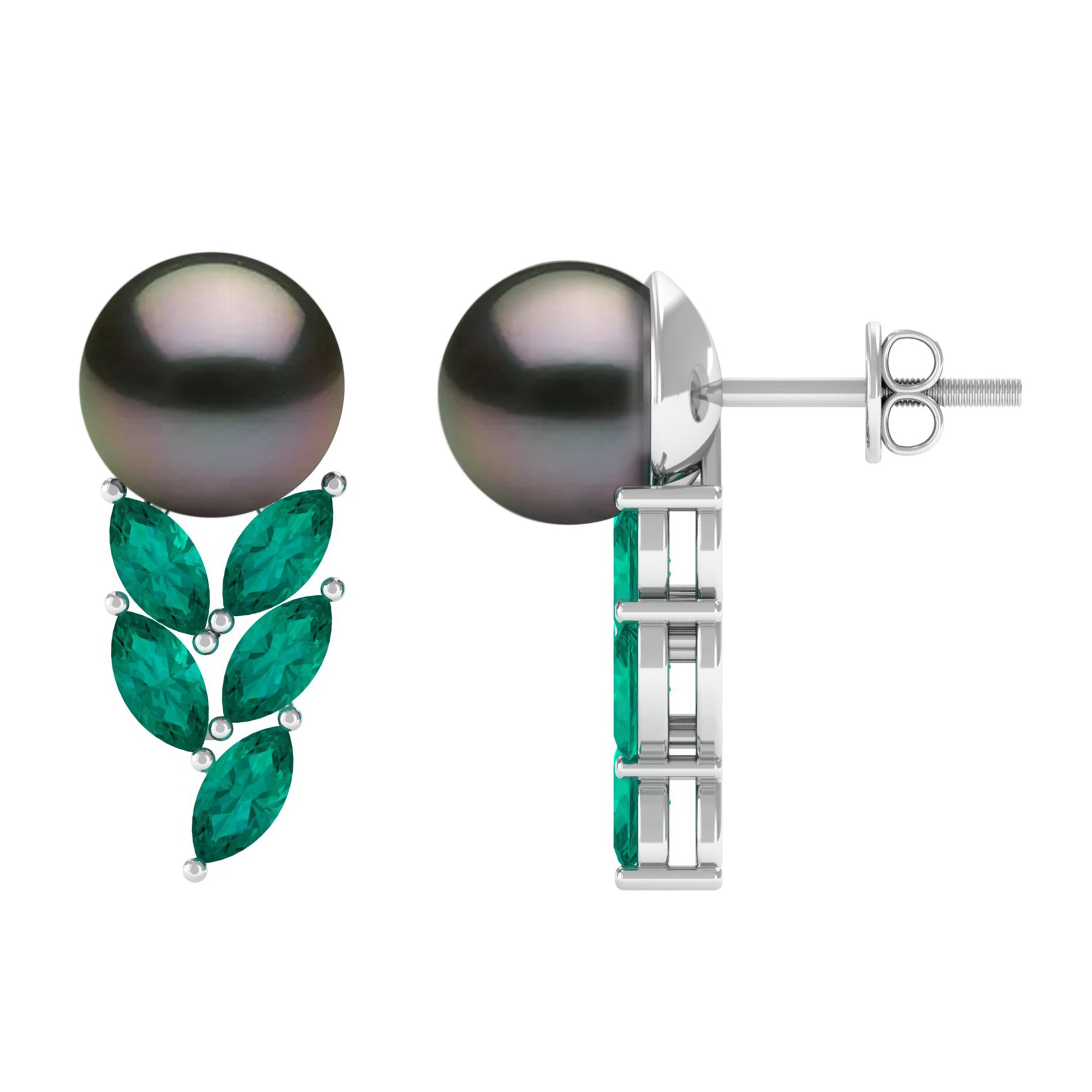 Arisha Jewels-Natural Certified Black Tahitian Pearl Leaf Stud Earrings with Created Emerald