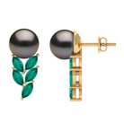 Arisha Jewels-Natural Certified Black Tahitian Pearl Leaf Stud Earrings with Created Emerald