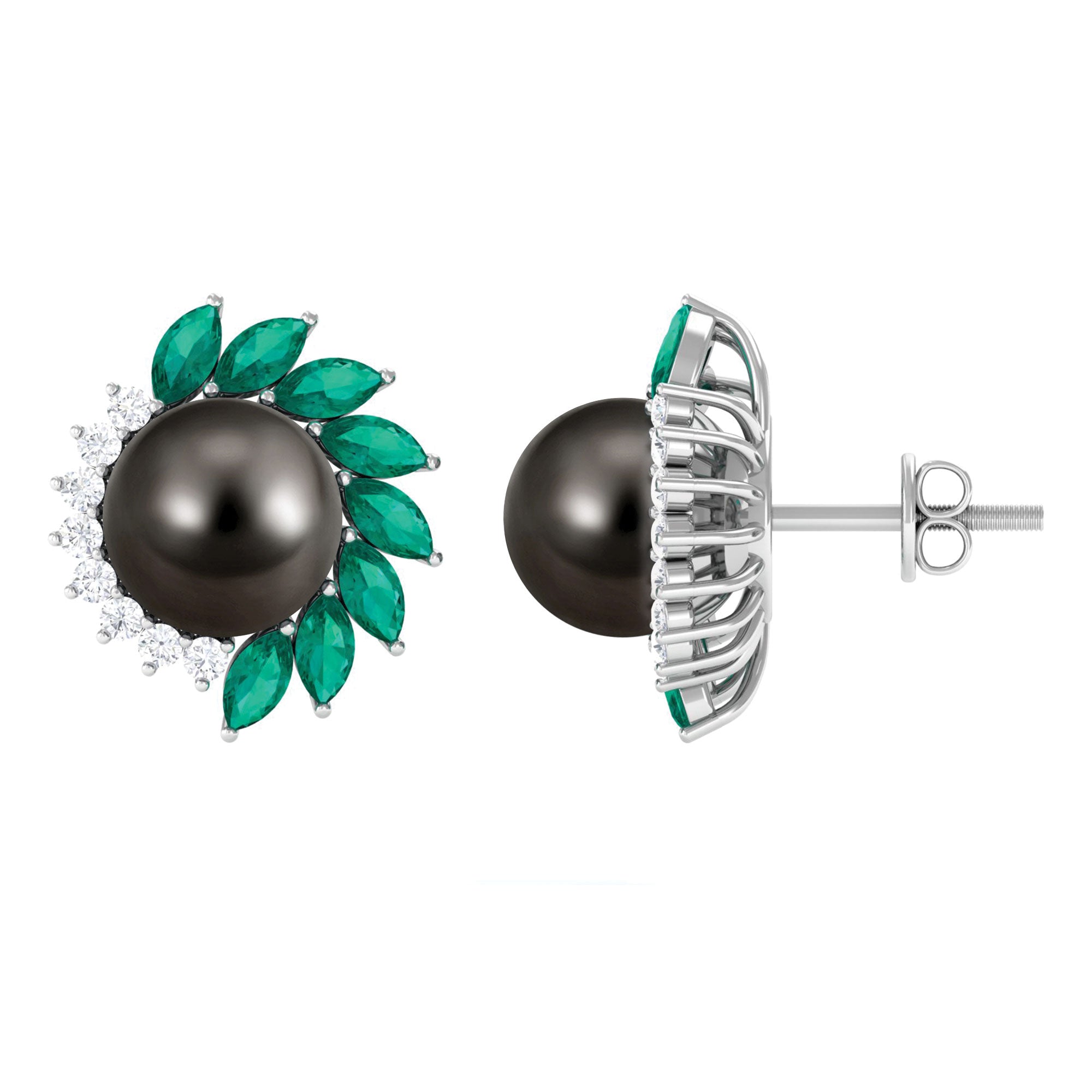 Arisha Jewels-Natural Certified Black Pearl Halo Stud Earrings with Emerald and Moissanite