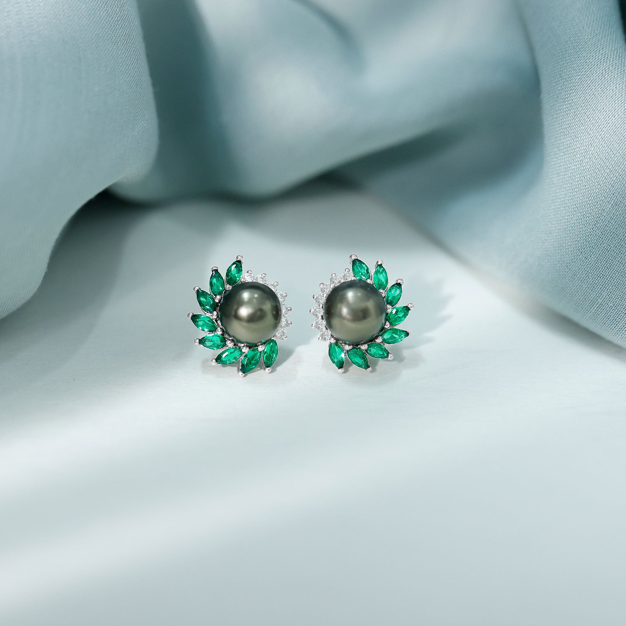 Arisha Jewels-Natural Certified Black Pearl Halo Stud Earrings with Emerald and Moissanite