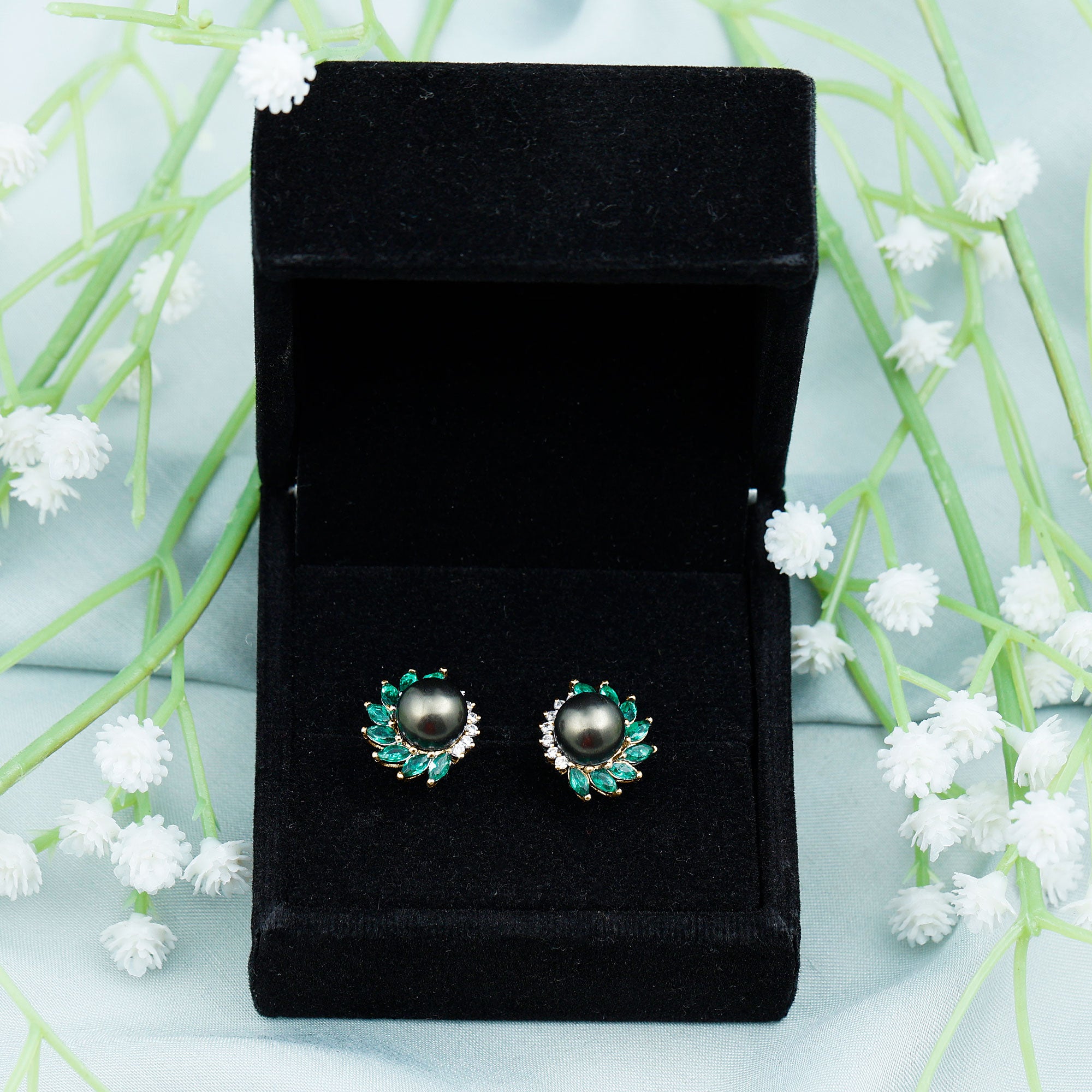 Arisha Jewels-Natural Certified Black Pearl Halo Stud Earrings with Emerald and Moissanite