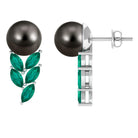 Arisha Jewels-Nature Inspired Black Pearl Stud Earrings with Emerald Leaf Motifs