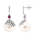 Arisha Jewels-Designer Cultured White Pearl Drop Earrings with Pink Tourmaline