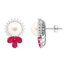 Arisha Jewels-Freshwater White Pearl Cocktail Stud Earrings with Ruby