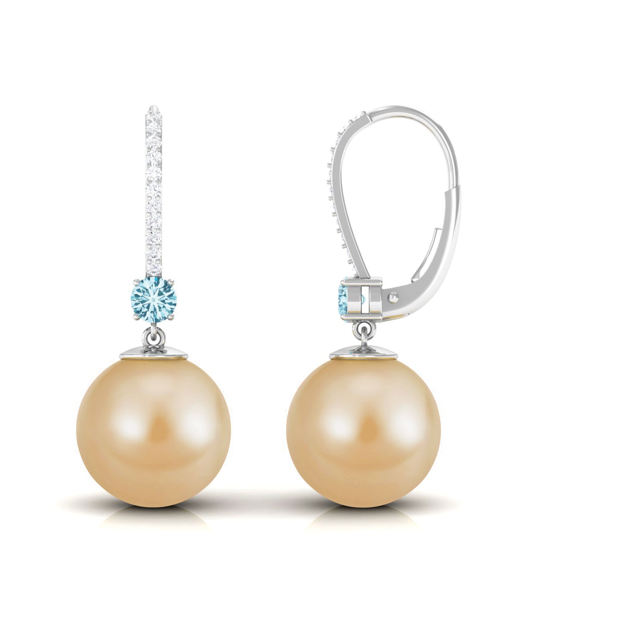 South Sea Pearl Drop Earrings with Aquamarine and Diamond South Sea Pearl-AAA Quality - Arisha Jewels