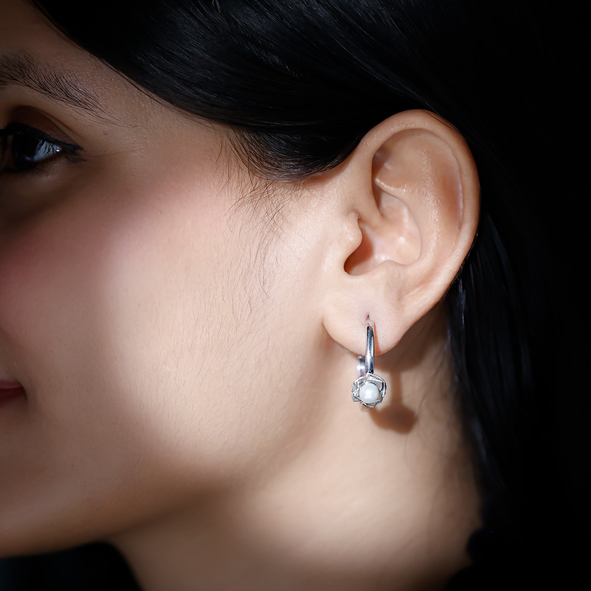 Freshwater Pearl Flower Silver Hoop Earrings Freshwater Pearl - ( AAA ) - Quality 92.5 Sterling Silver - Arisha Jewels