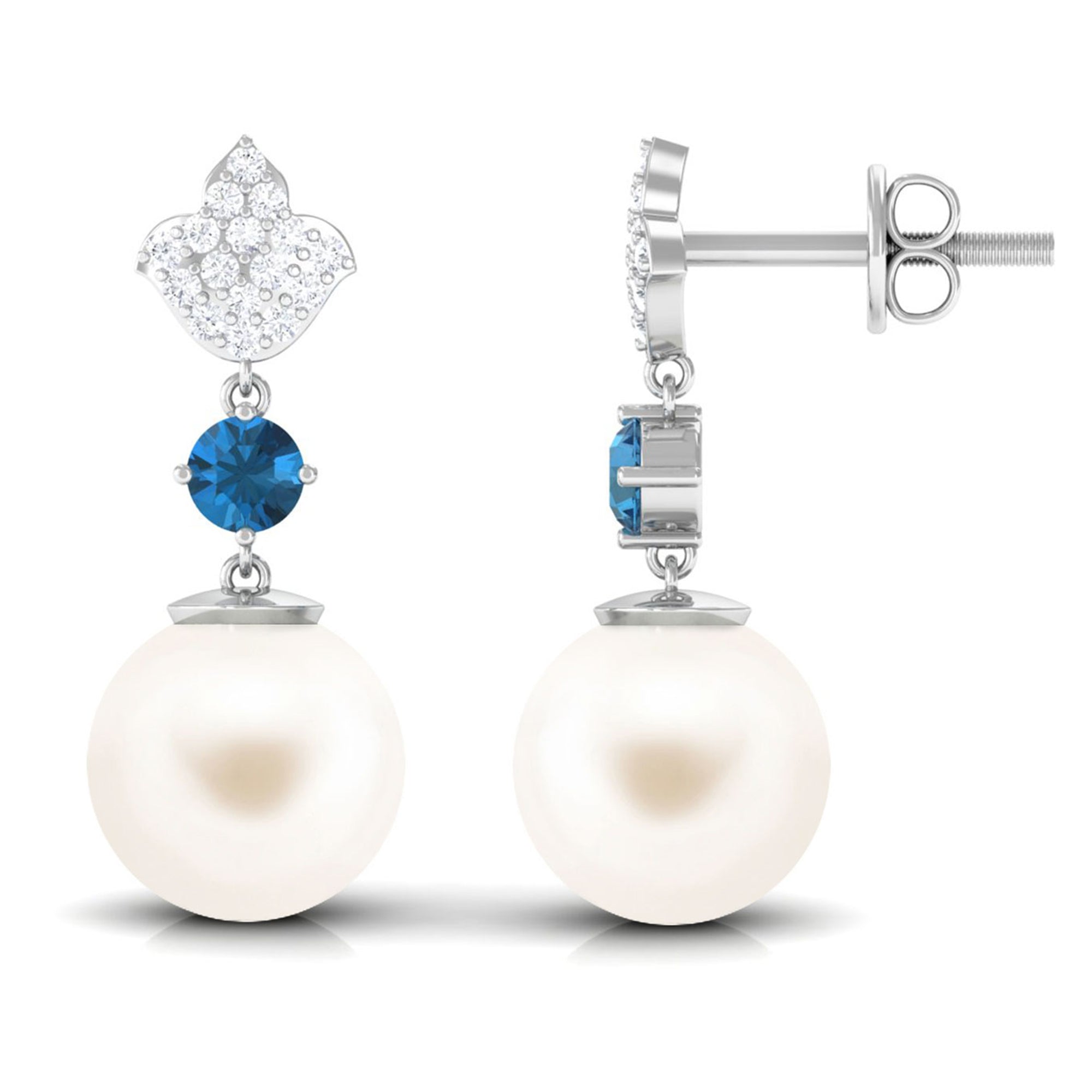 Arisha Jewels-White Pearl Drop Earrings with Blue Topaz and Diamond