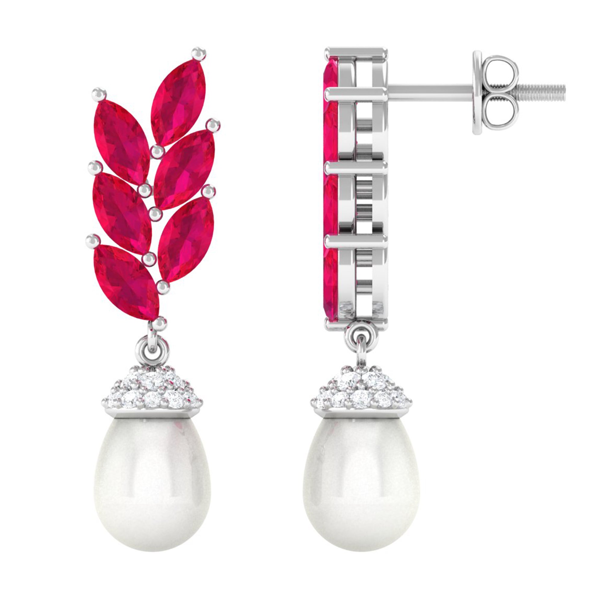 Arisha Jewels-Handpicked White Pearl Dangle Drop Earrings with Lab Ruby and Moissanite