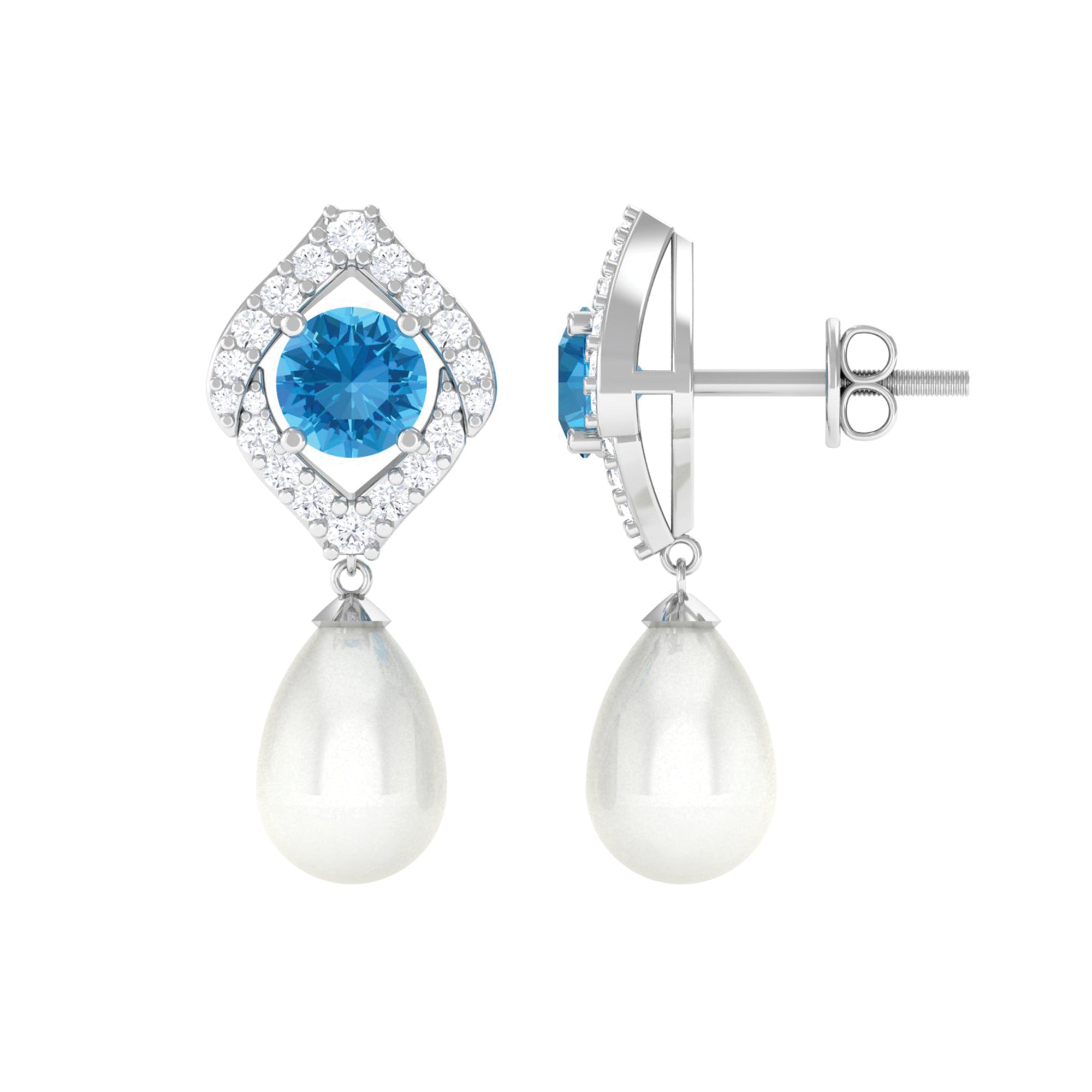 Arisha Jewels-Certified White Cultured Pearl Drop Dangle Earrings with Swiss Blue Topaz and Moissanite