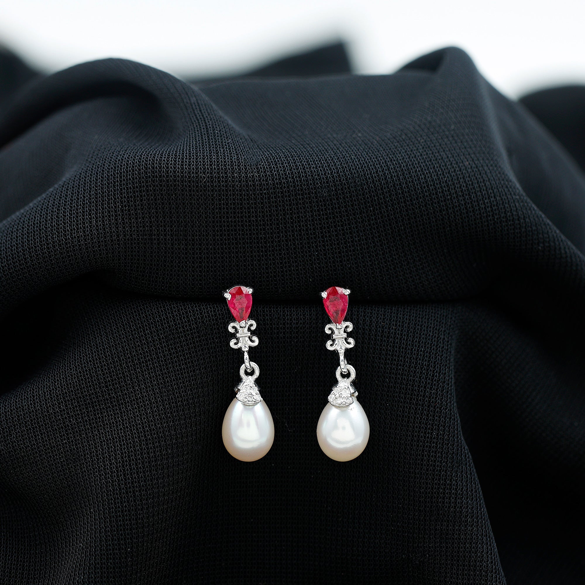 Classic Freshwater Pearl Drop Silver Earrings with Created Ruby and Moissanite Freshwater Pearl - ( AAA ) - Quality 92.5 Sterling Silver - Arisha Jewels