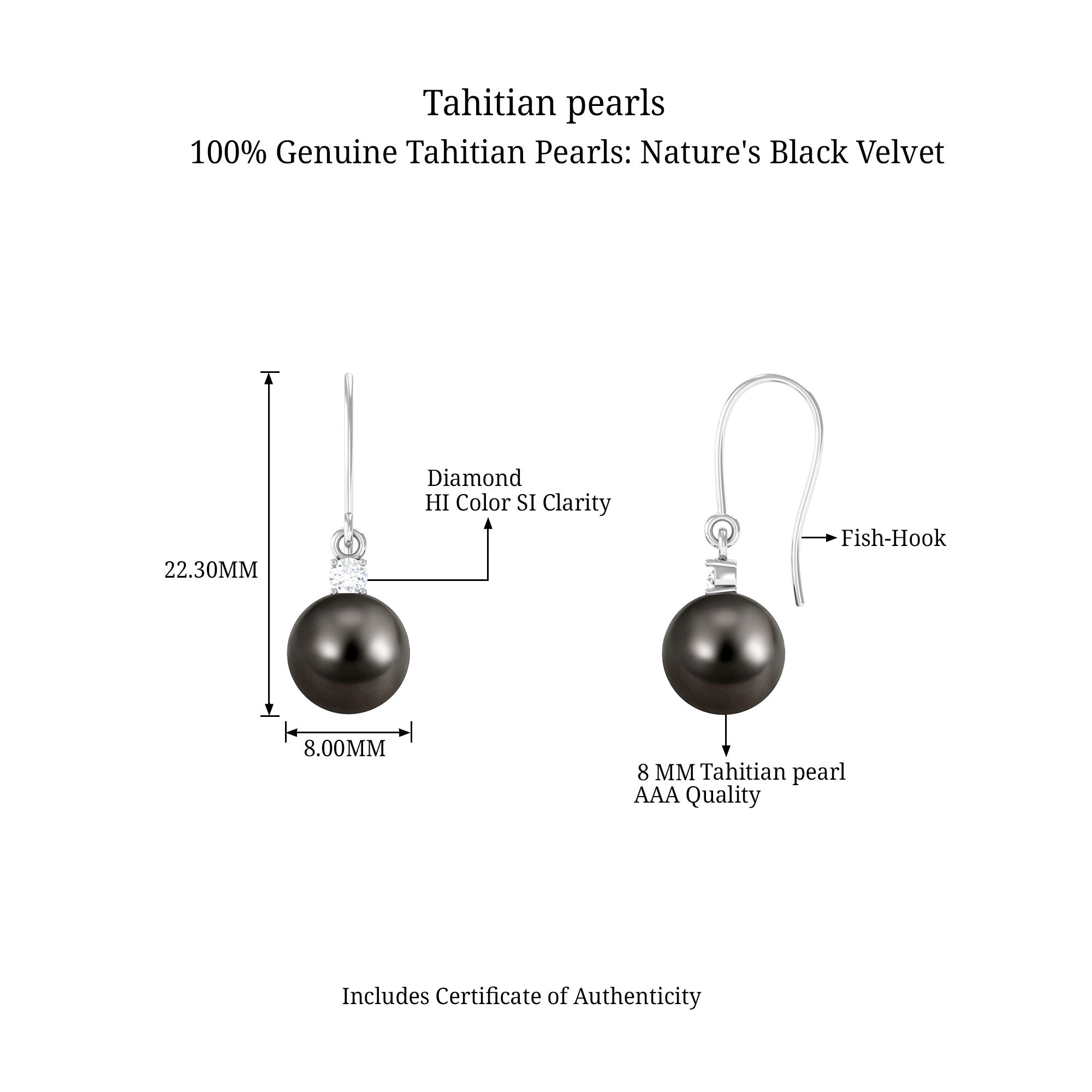 Arisha Jewels-Solitaire Tahitian Pearl Drop Earrings with Diamond