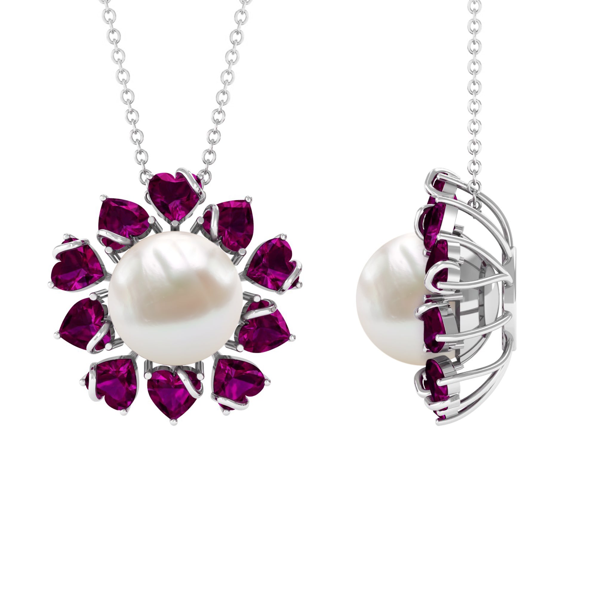 Arisha Jewels-Freshwater Pearl Floral Pendant with Heart Shaped Rhodolite Petals