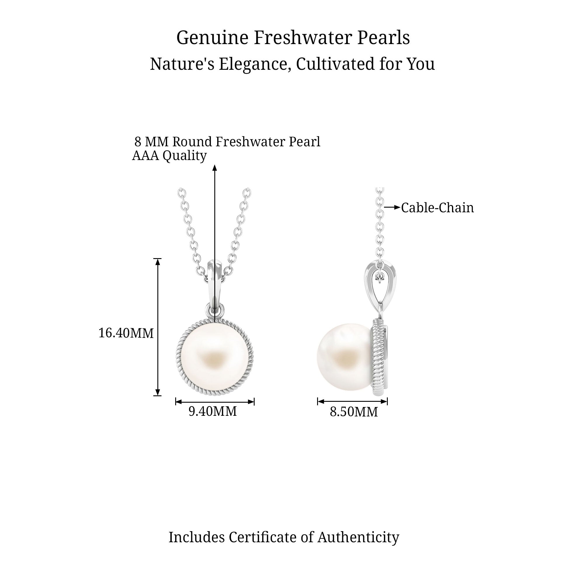Arisha Jewels-Freshwater Pearl Solitaire Pendant in Twisted Rope Frame