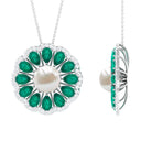 Arisha Jewels-Natural White Pearl Flower Statement Pendant Necklace with Lab Emerald and Moissanite