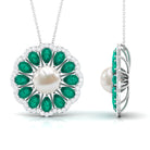 Arisha Jewels-Natural White Pearl Flower Statement Pendant Necklace with Lab Emerald and Moissanite
