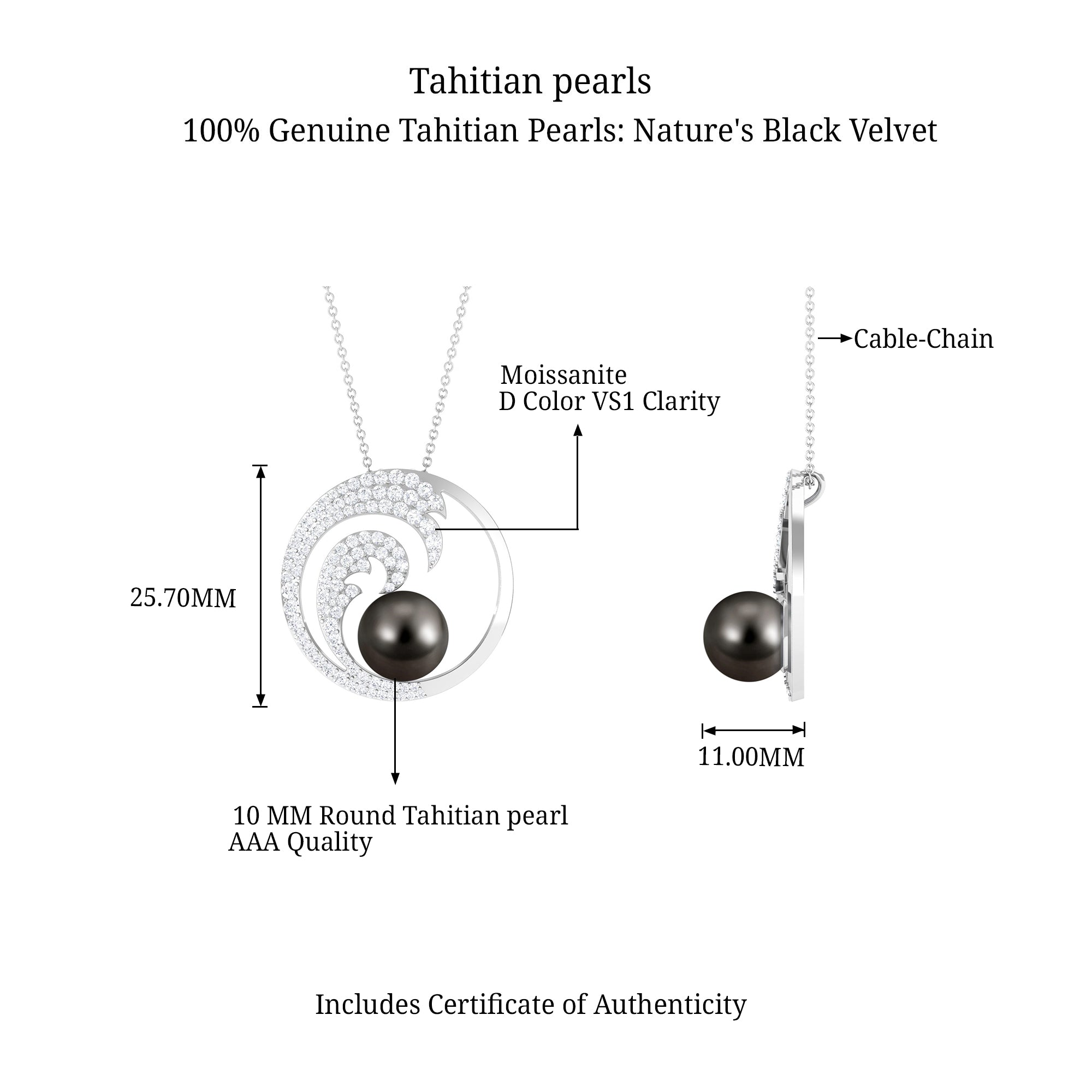 Arisha Jewels-Ocean Sea Wave Tahitian Black Pearl Pendant Necklace with Moissanite