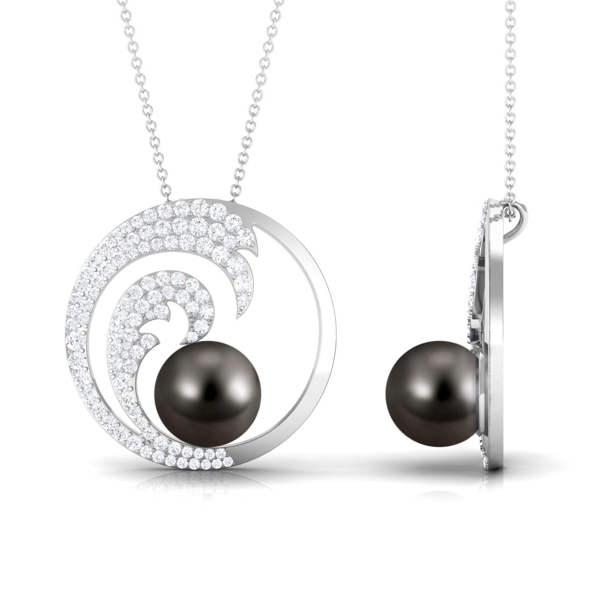 Arisha Jewels-Ocean Sea Wave Tahitian Black Pearl Pendant Necklace with Moissanite