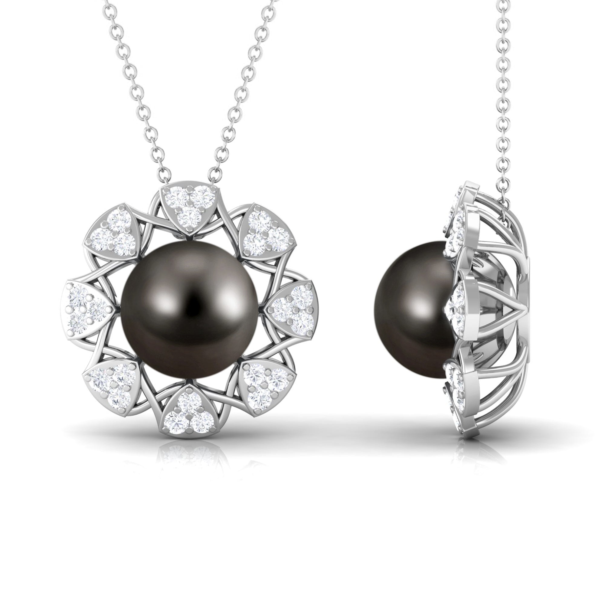 Arisha Jewels-Classic Black Tahitian Pearl Floral Pendant with Diamond