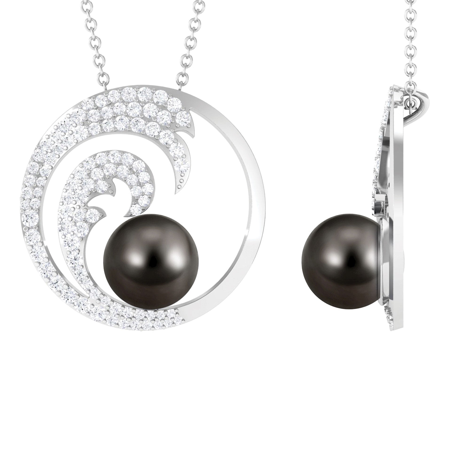 Arisha Jewels-Ocean Sea Wave Tahitian Black Pearl Pendant Necklace with Moissanite