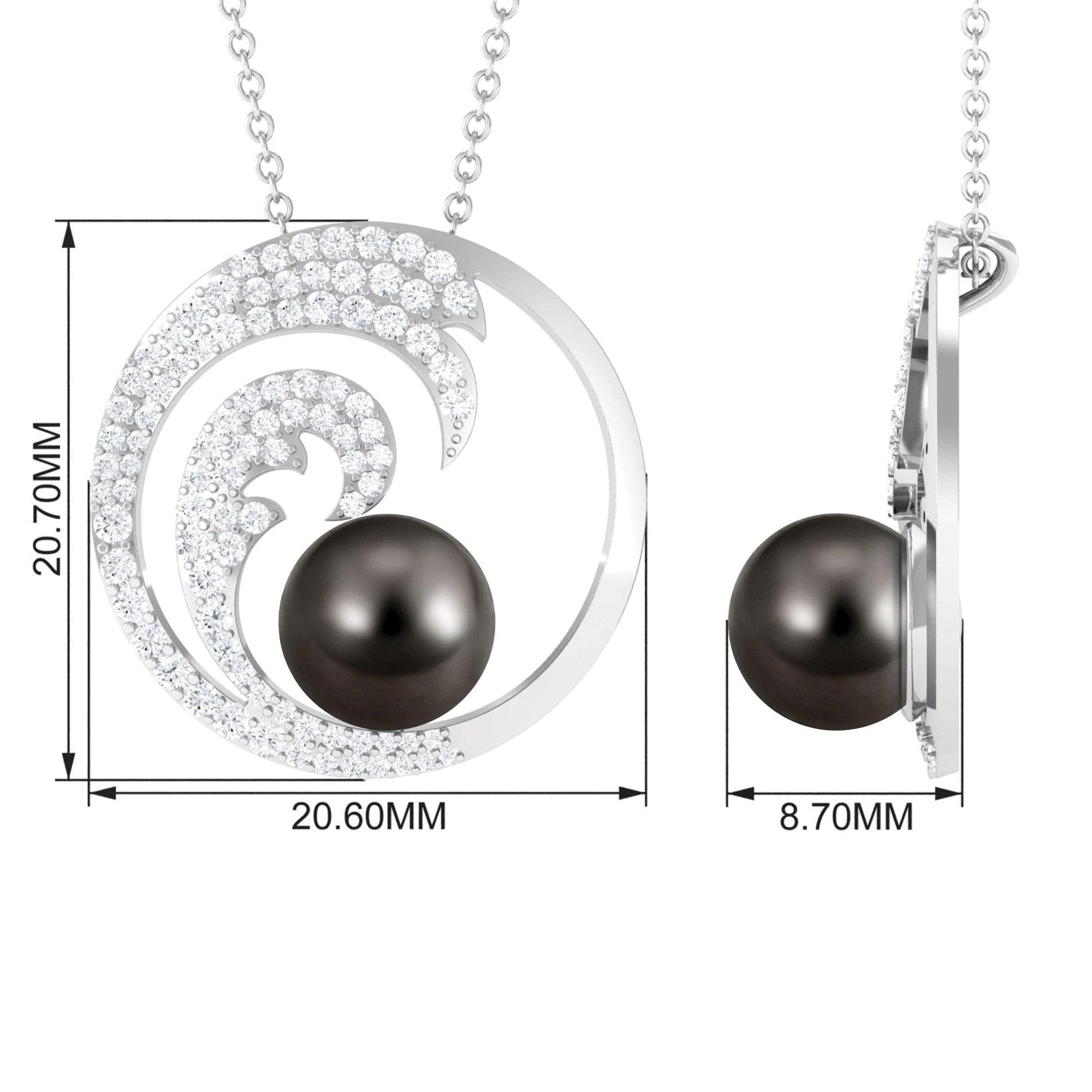 Arisha Jewels-Ocean Sea Wave Tahitian Black Pearl Pendant Necklace with Moissanite