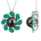 Arisha Jewels-Handpicked Black Tahitian Pearl Flower Pendant Necklace with Lab Grown Emerald and Moissanite