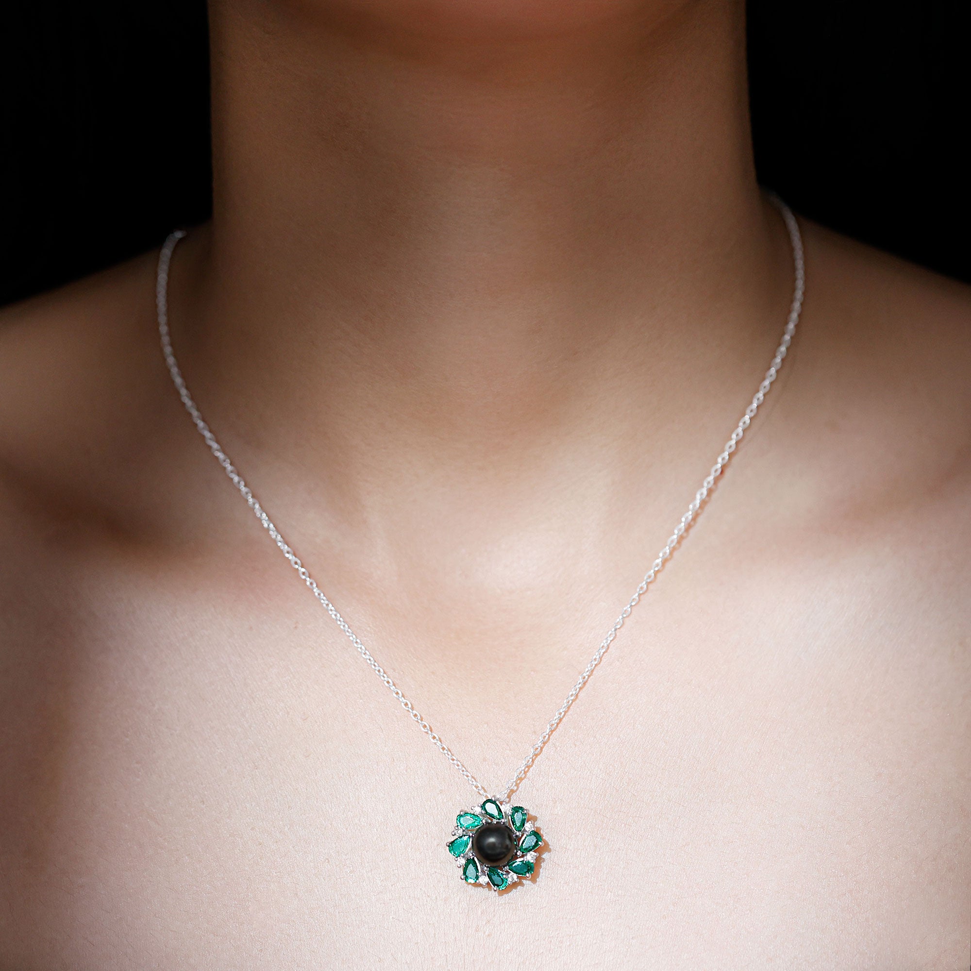 Arisha Jewels-Handpicked Black Tahitian Pearl Flower Pendant Necklace with Lab Grown Emerald and Moissanite