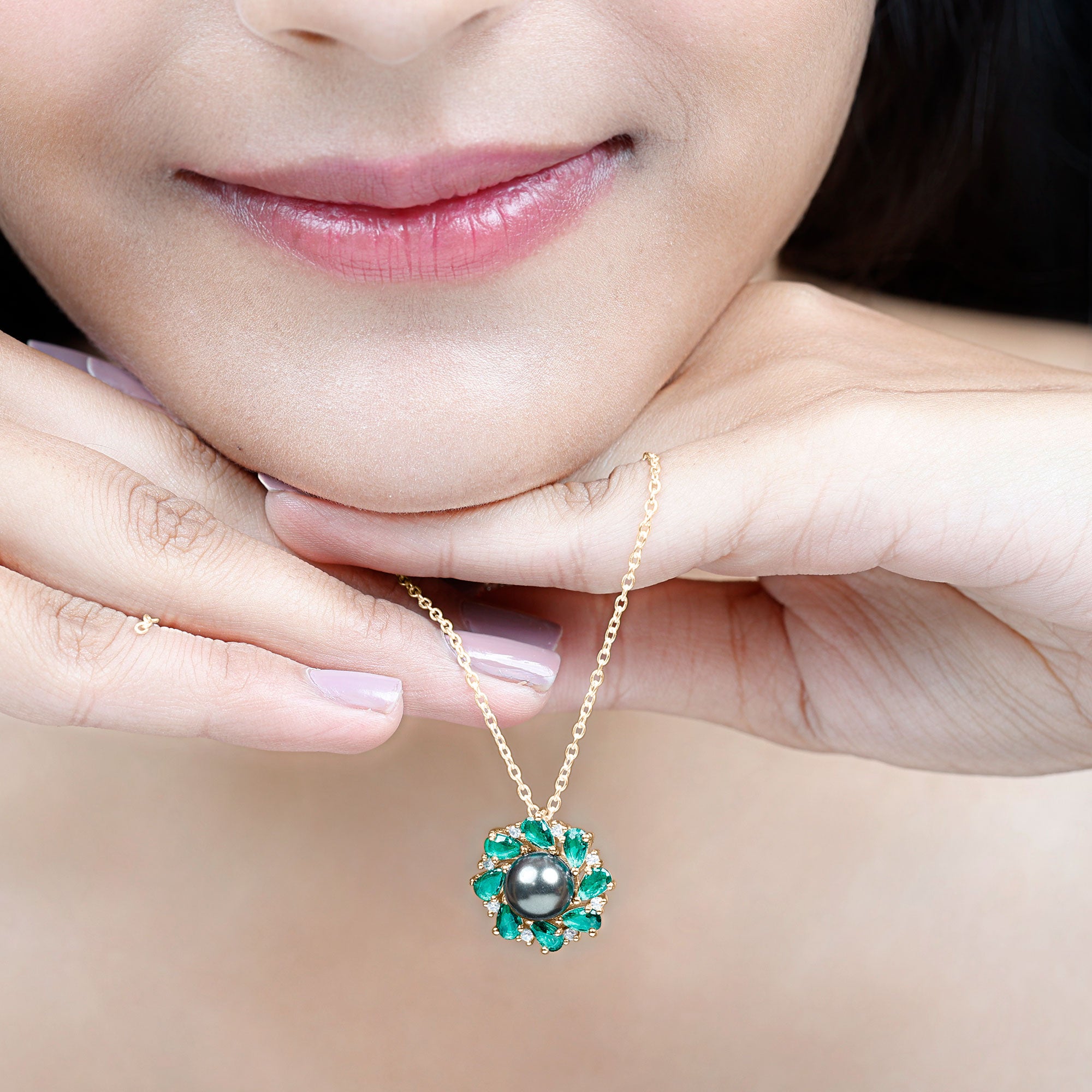 Arisha Jewels-Floral Inspired Tahitian Pearl Pendant with Emerald