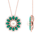 Arisha Jewels-Freshwater Pearl Flower Pendant Necklace with Emerald and Diamond