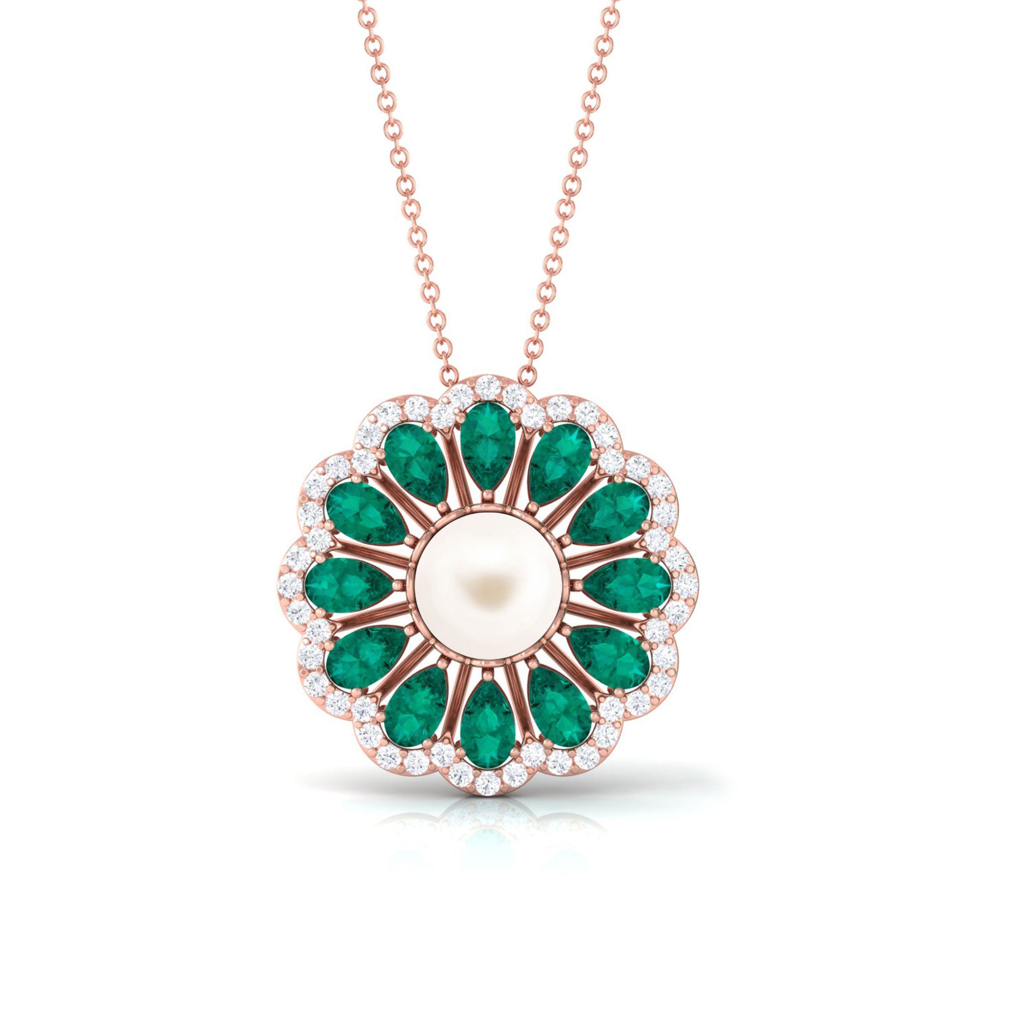 Arisha Jewels-Freshwater Pearl Flower Pendant Necklace with Emerald and Diamond