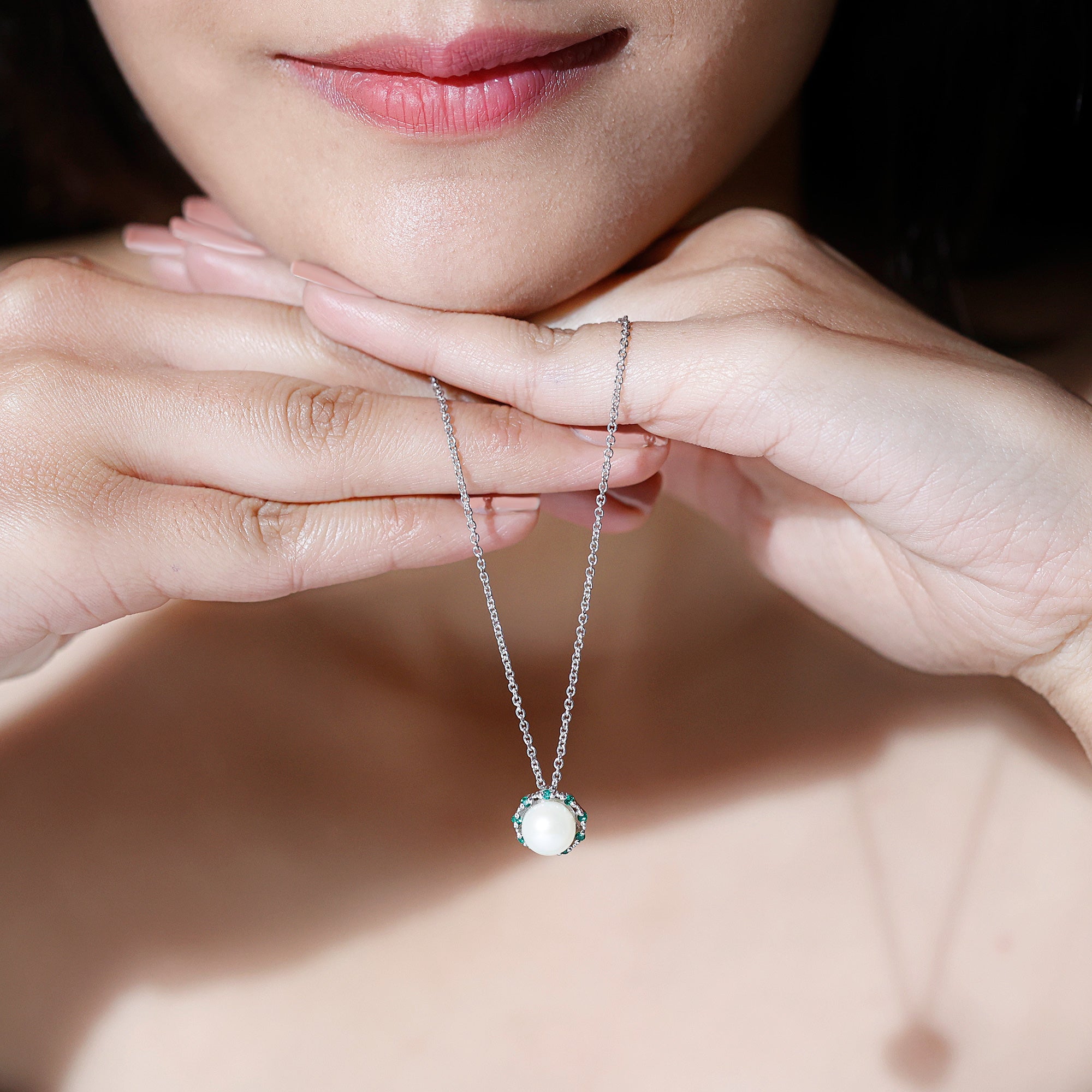 Vintage Style Freshwater Pearl Pendant with Created Emerald - Arisha Jewels