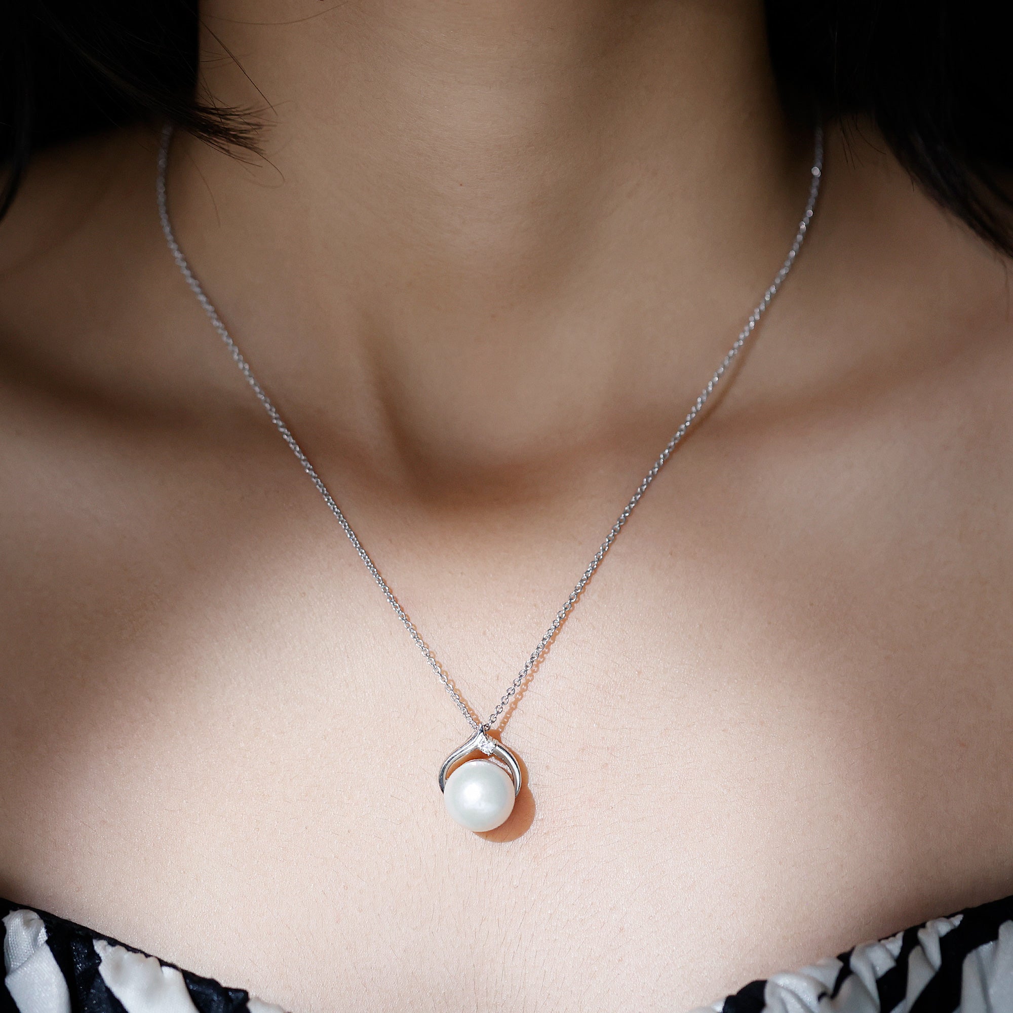 Handpicked White Pearl Solitaire Pendant with Moissanite - Arisha Jewels