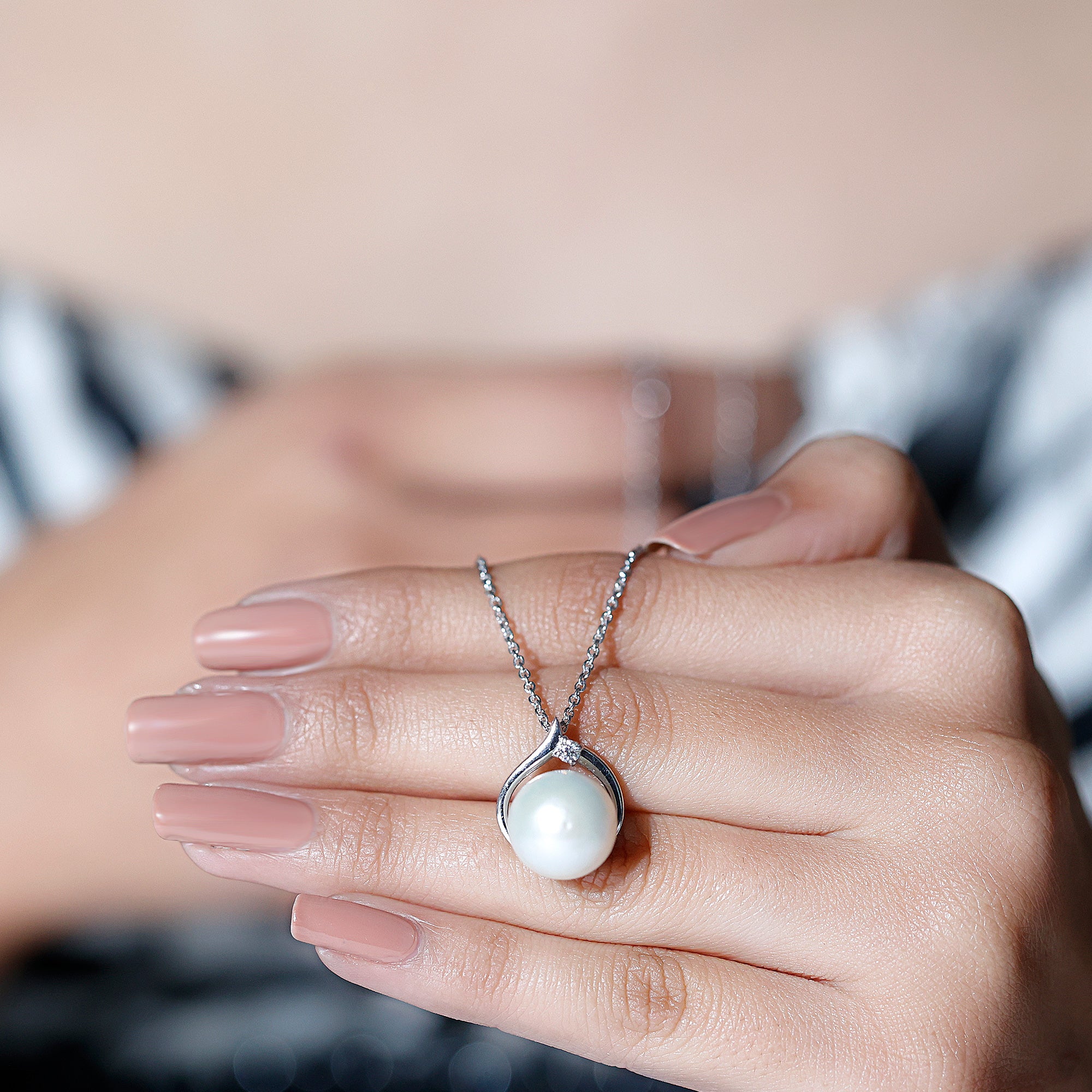 Handpicked White Pearl Solitaire Pendant with Moissanite - Arisha Jewels