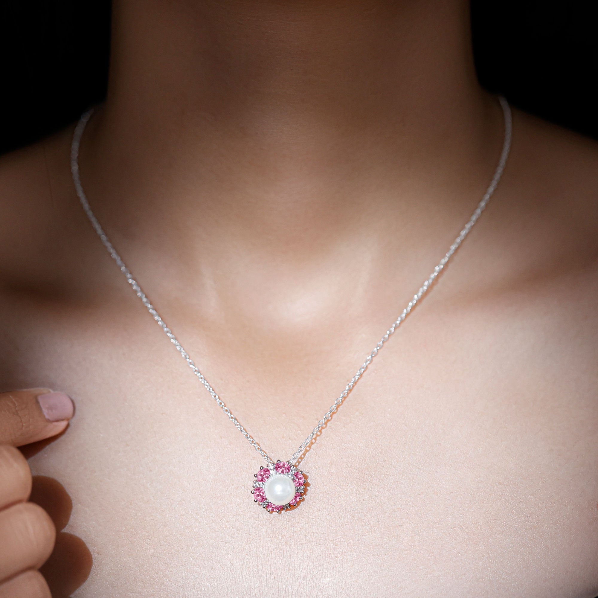 Arisha Jewels-Cultured Freshwater Pearl Flower Pendant Necklace with Lab Pink Sapphire and Moissanite