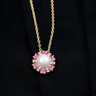 Arisha Jewels-Cultured Freshwater Pearl Flower Pendant Necklace with Lab Pink Sapphire and Moissanite