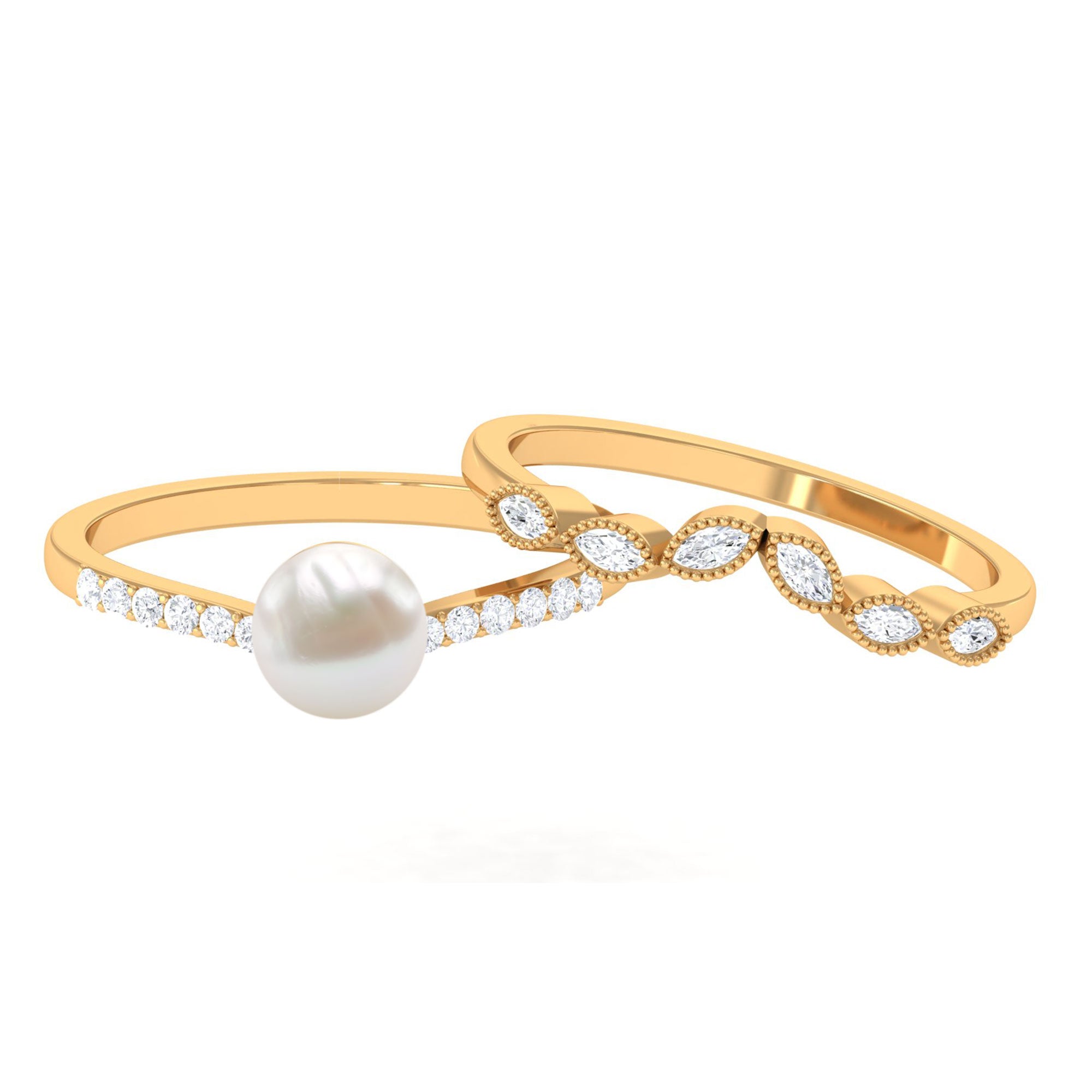 Arisha Jewels-Vintage Inspired White Pearl Bridal Ring Set with Diamond
