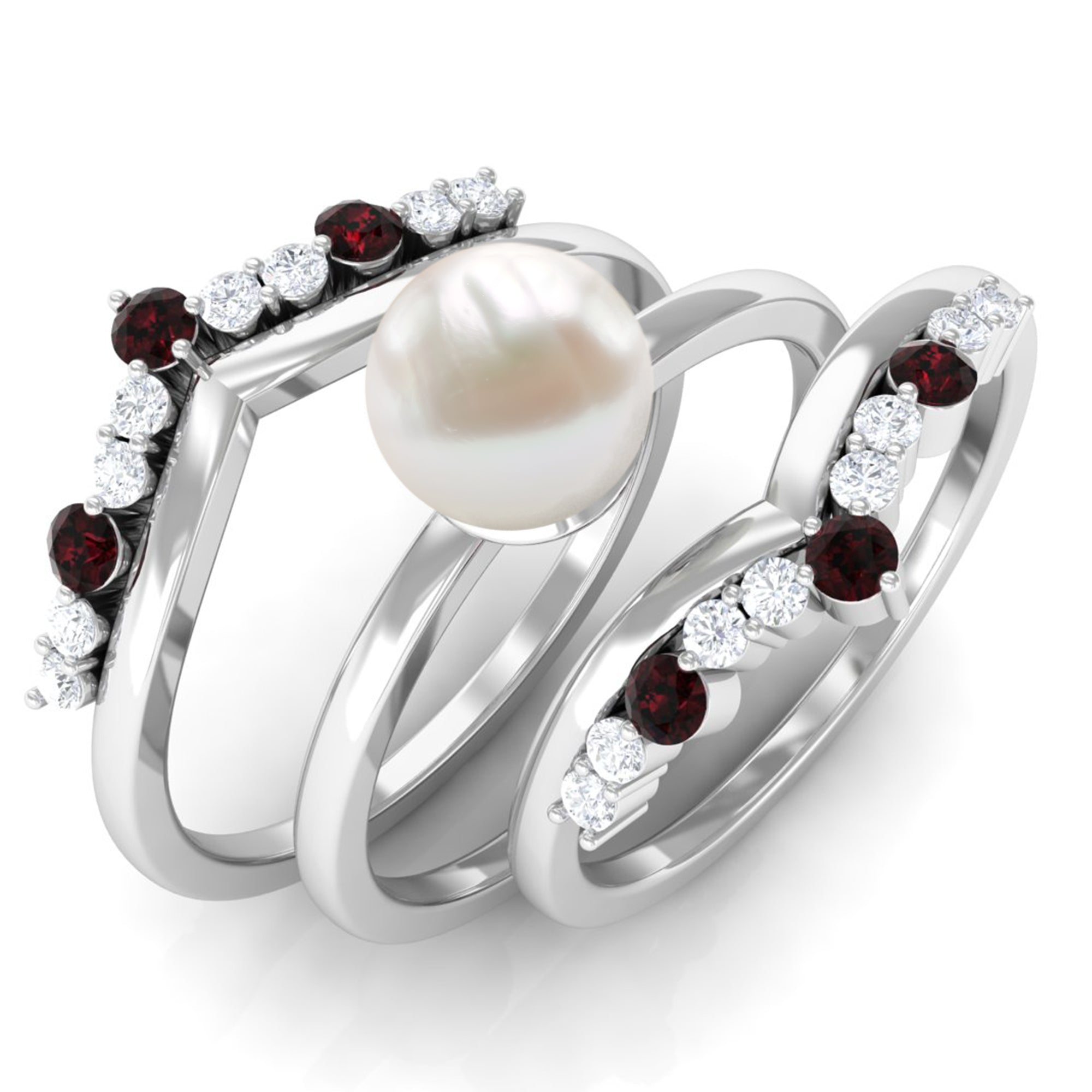 Arisha Jewels-White Pearl Trio Ring Set with Diamond and Garnet