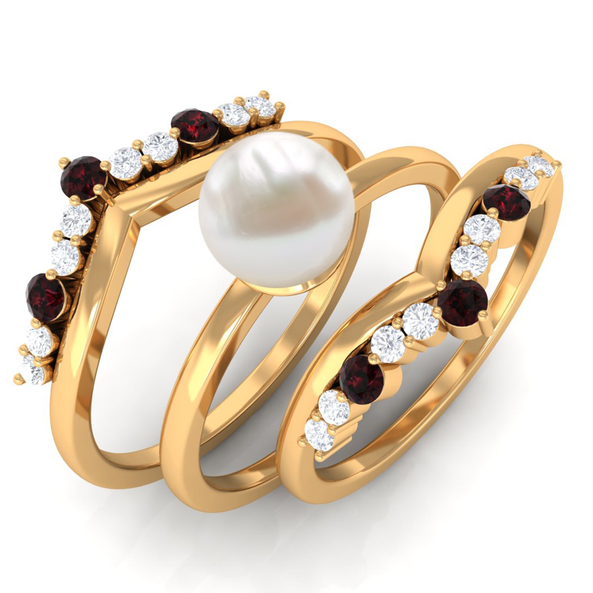 Arisha Jewels-White Pearl Trio Ring Set with Diamond and Garnet