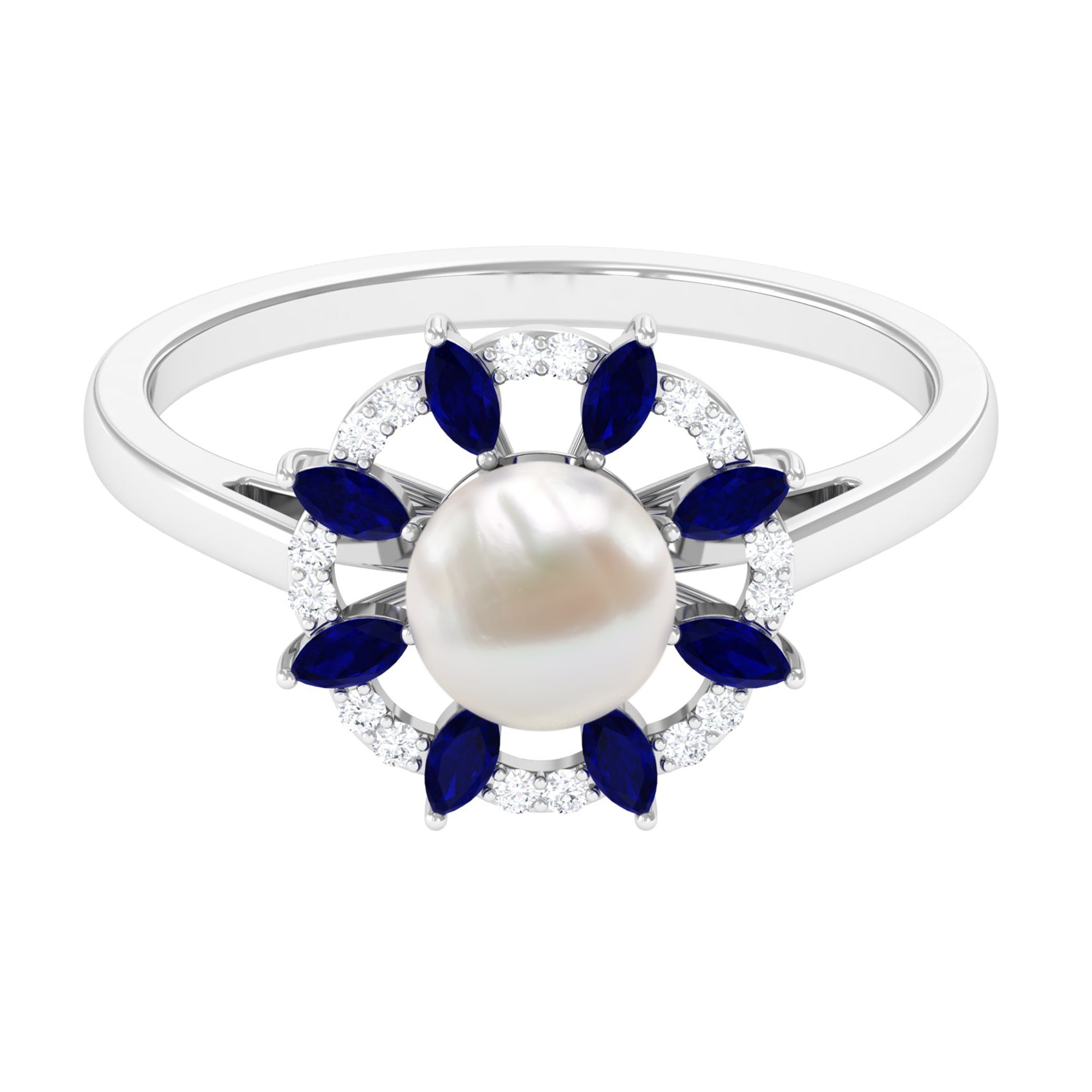 Arisha Jewels-Floral Inspired Freshwater Pearl Statement Ring with Blue Sapphire