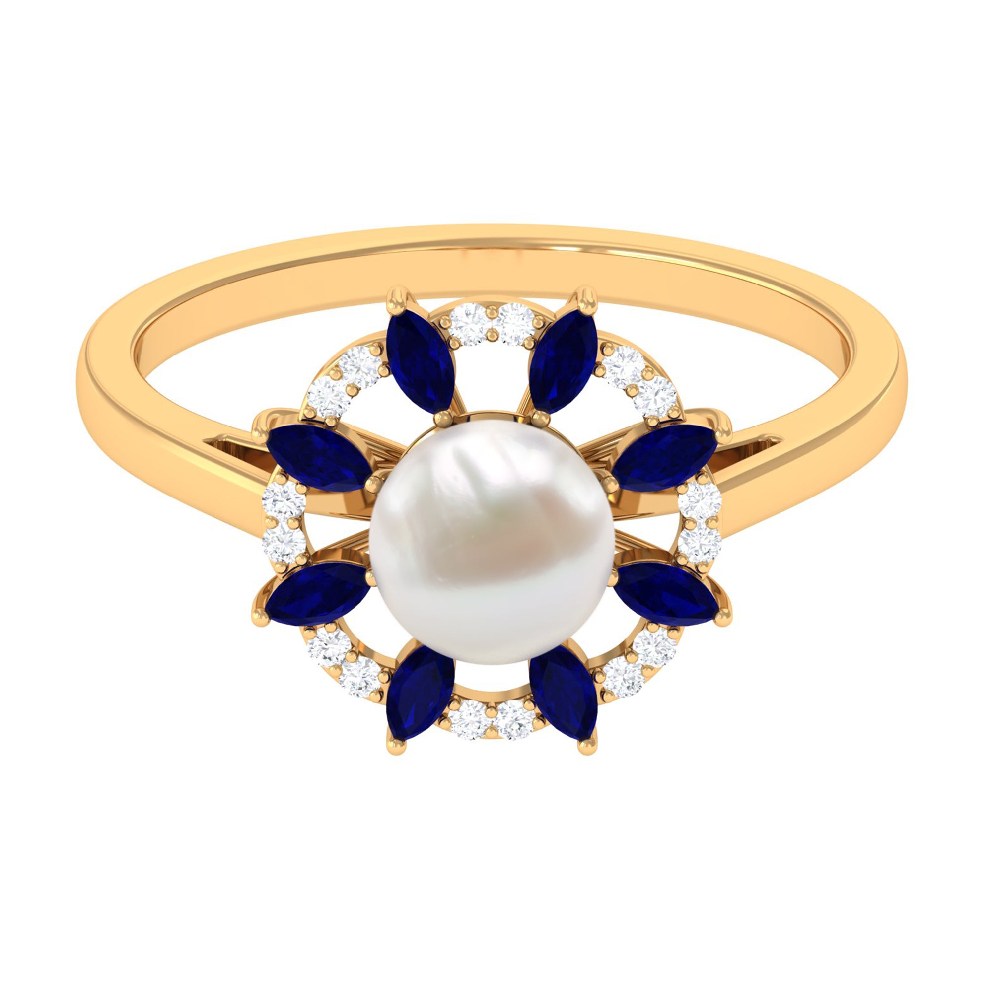 Arisha Jewels-Floral Inspired Freshwater Pearl Statement Ring with Blue Sapphire