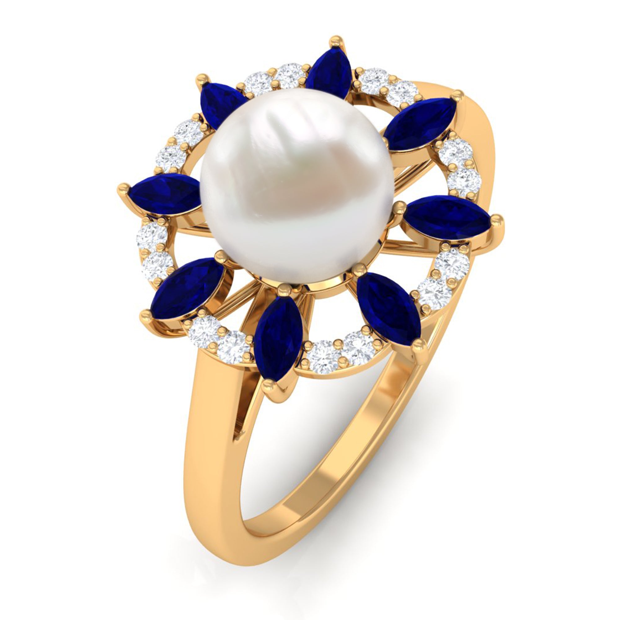 Arisha Jewels-Floral Inspired Freshwater Pearl Statement Ring with Blue Sapphire