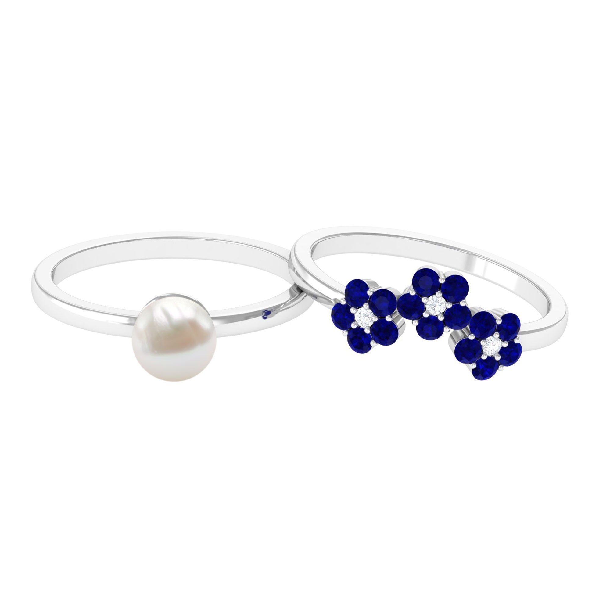 Arisha Jewels-Pearl Bridal Ring Set with Blue Sapphire Floral Enhancer
