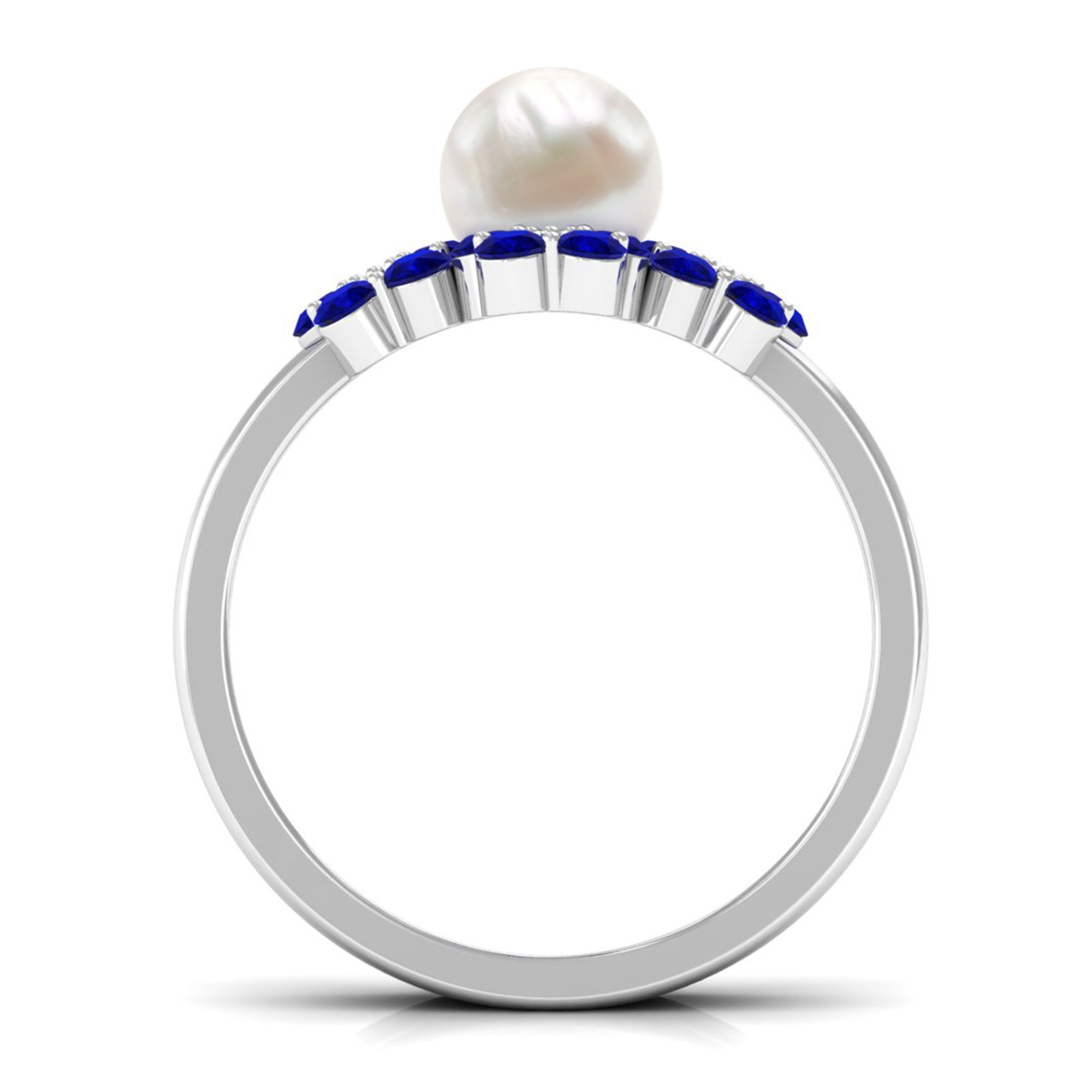 Arisha Jewels-Pearl Bridal Ring Set with Blue Sapphire Floral Enhancer