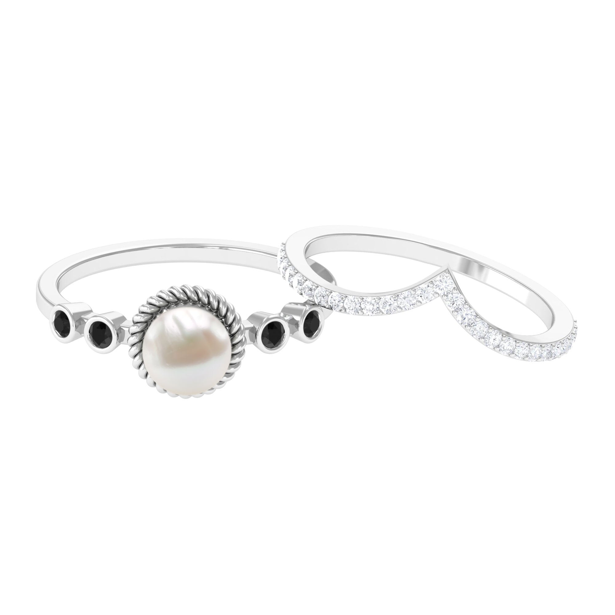 Arisha Jewels-Freshwater Pearl Bridal Ring Set of 2 with Black and White Diamond