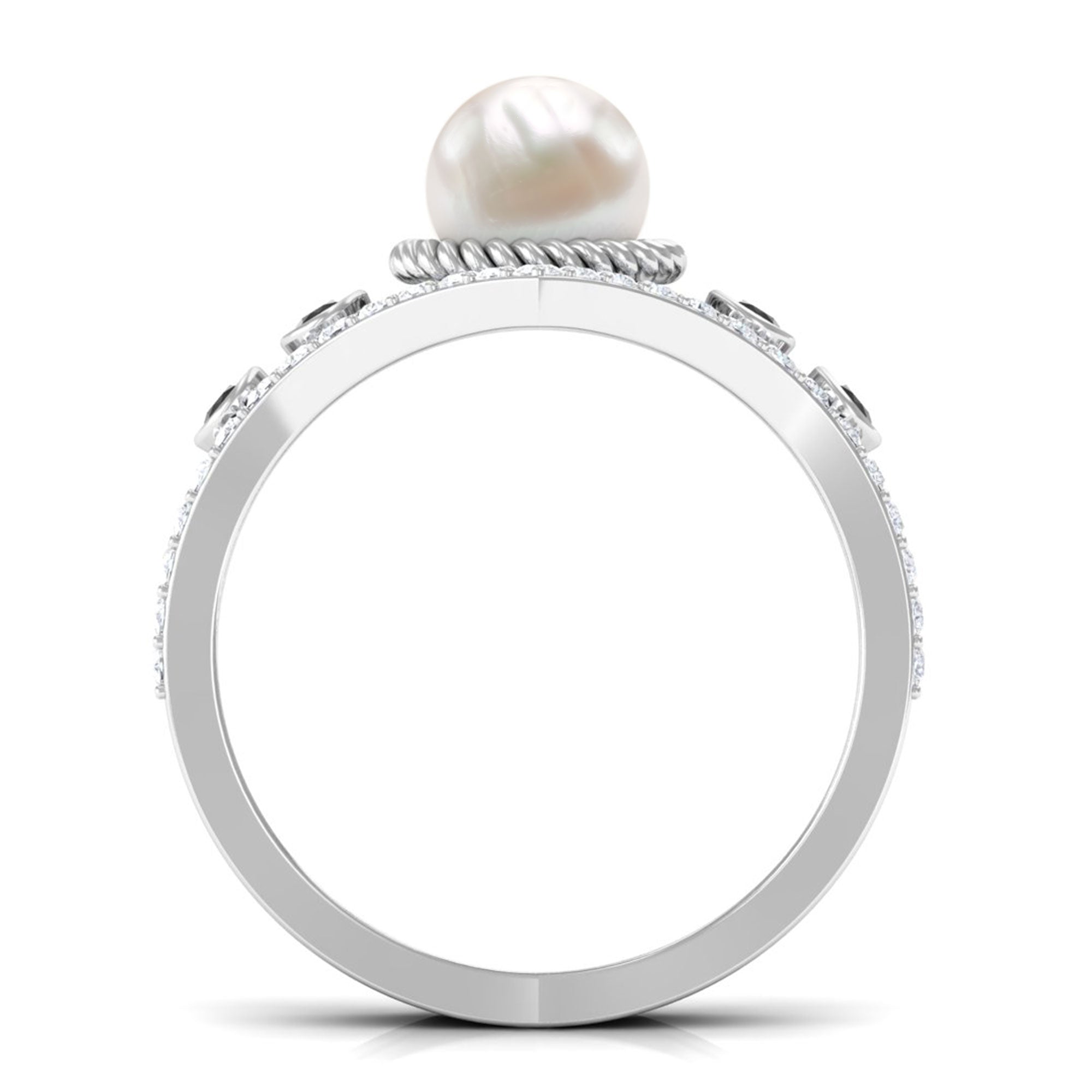 Arisha Jewels-Freshwater Pearl Bridal Ring Set of 2 with Black and White Diamond